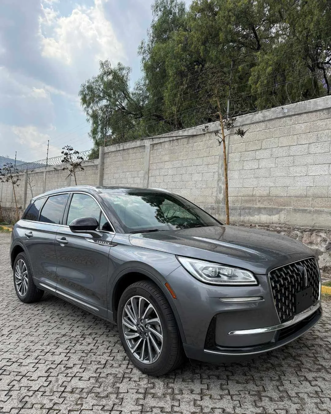 Auto gris oscuro estacionado en un estacionamiento con piso de piedra, cerca de una pared de blocks y varios árboles al fondo.