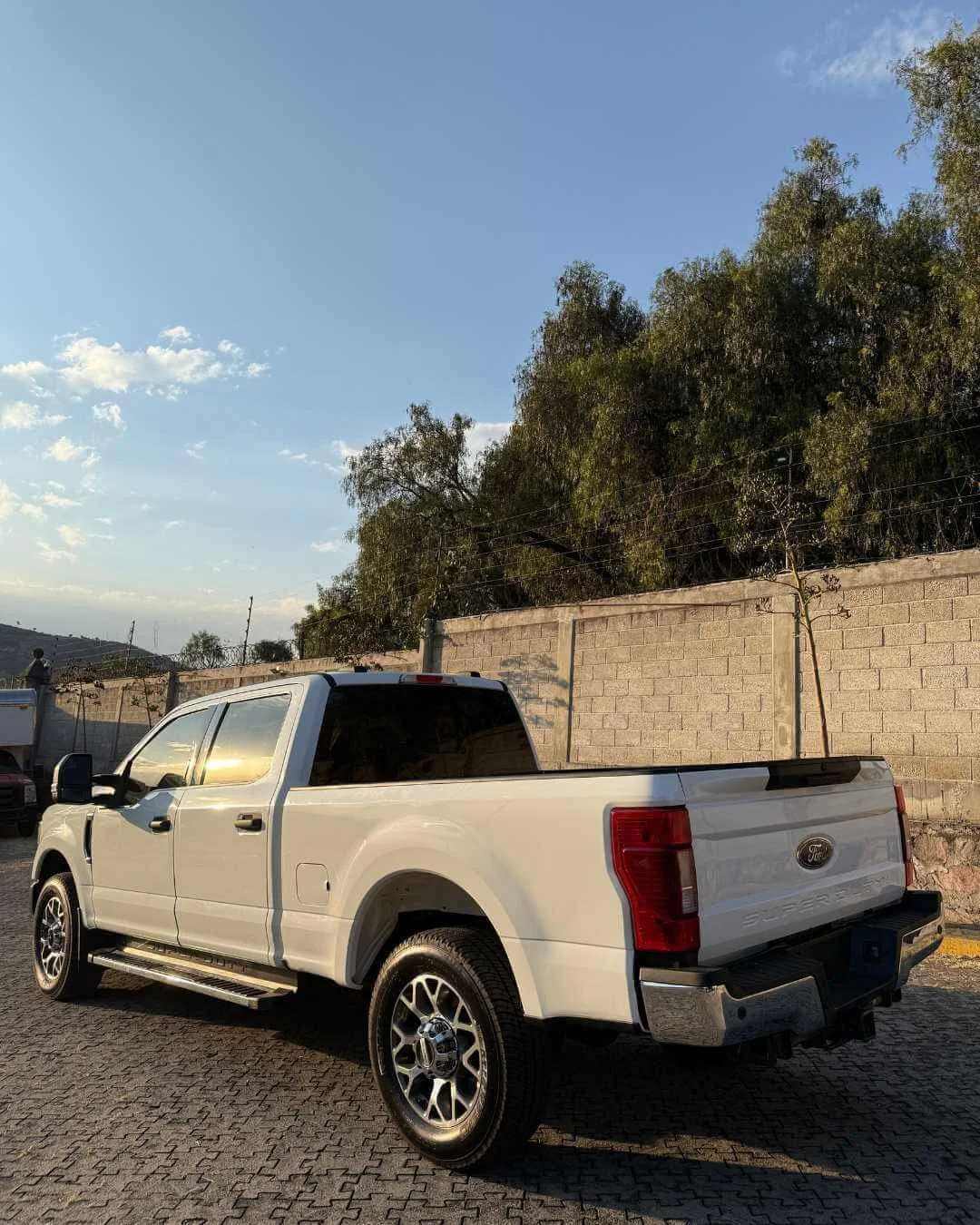 Camioneta Ford blanca estacionada en un lugar con muro de bloques y árboles en el fondo, bajo cielo despejado.