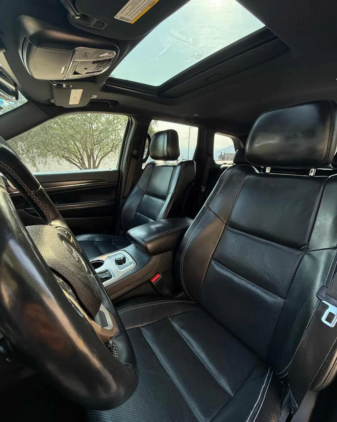 Asientos de cuero negros en el interior de un vehículo, con un techo con ventanas panorámicas y un árbol visible a través de la ventana del pasajero.