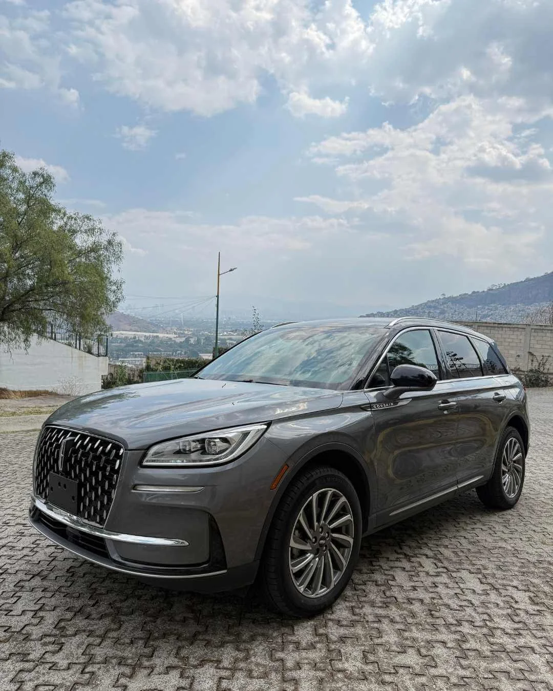 Auto SUV de color gris en un entorno al aire libre con cielo nublado y montañas en el fondo.