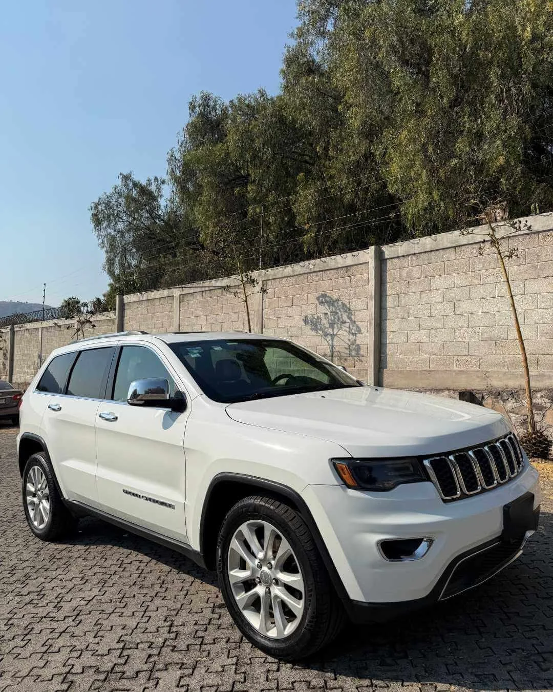 Vehículo SUV blanco estacionado sobre piso de adoquines, con muro de piedra y árboles al fondo.