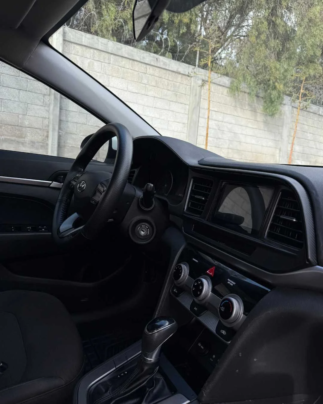 Interior del coche, volante, tablero y palanca de cambios en primer plano. Ventana y muro con árboles en el fondo.