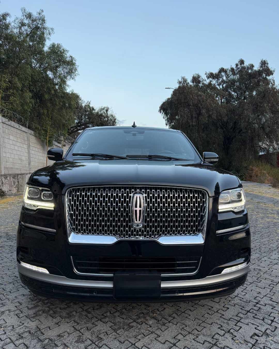Coche negro de frente, con parrilla grande y diseño elegante, en una calle pavimentada, con árboles y muro de fondo.