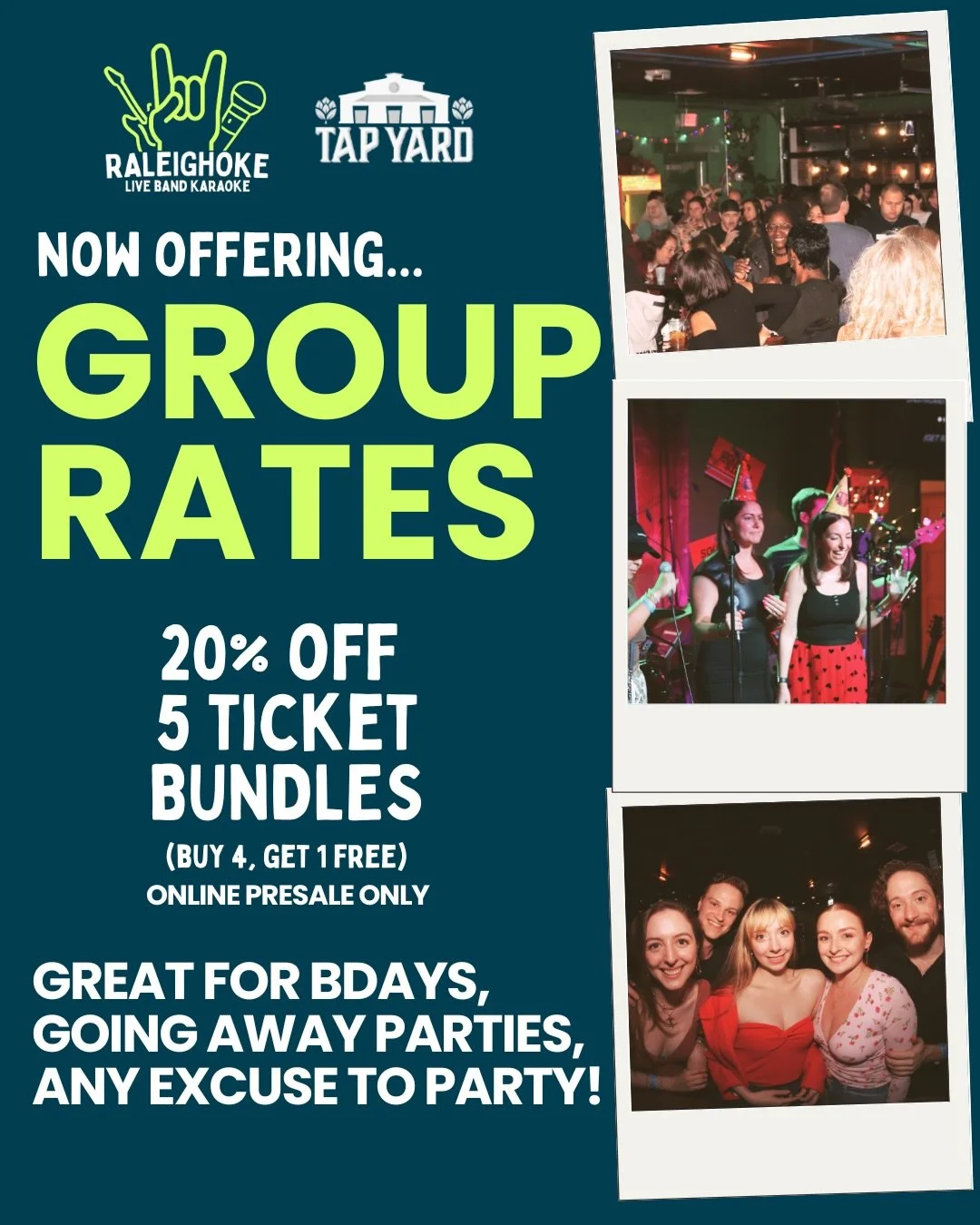 Live band karaoke is best when it&rsquo;s with friends! We love when y&rsquo;all bring the party, so Raleighoke and Tap Yard are offering a deal for group tickets 🙌 

Buy 4, Get 1 Free (20% off!) online presale tickets 🎟️ 

Having a rockin&rsquo; b