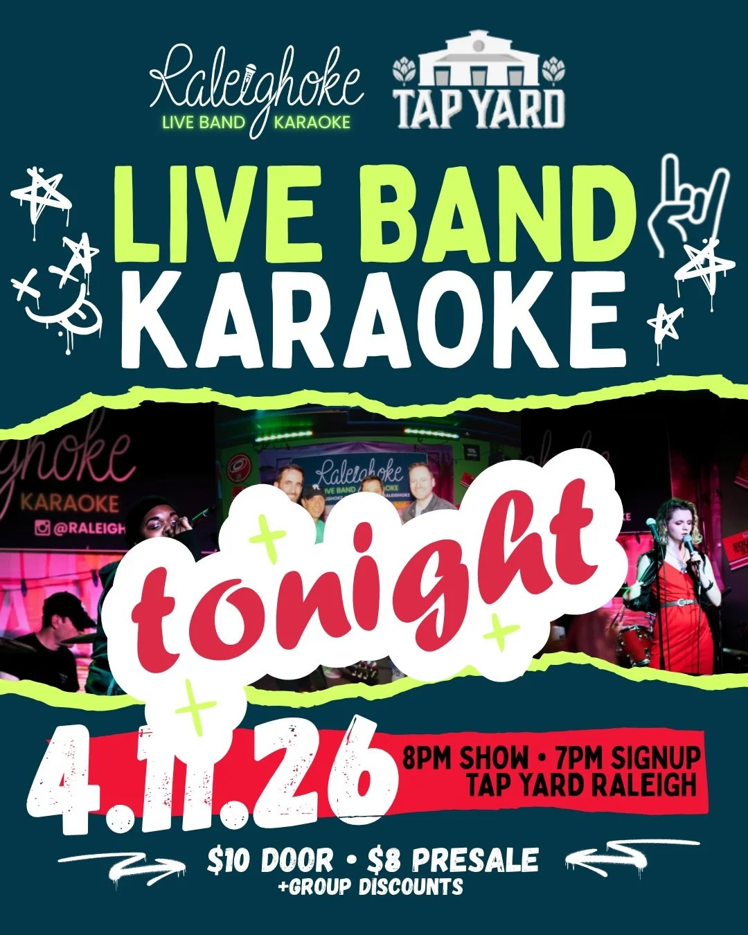 It&rsquo;s karaoke that ROCKS 🤘 

Choose from 100 karaoke classics and today&rsquo;s hits to sing with the band on stage, complete with scrolling lyrics screen 🎵 

Here are the deets:
📅 April 11
⏰ 8pm show (7pm song signup)
📍 Tap Yard Raleigh 
🎟