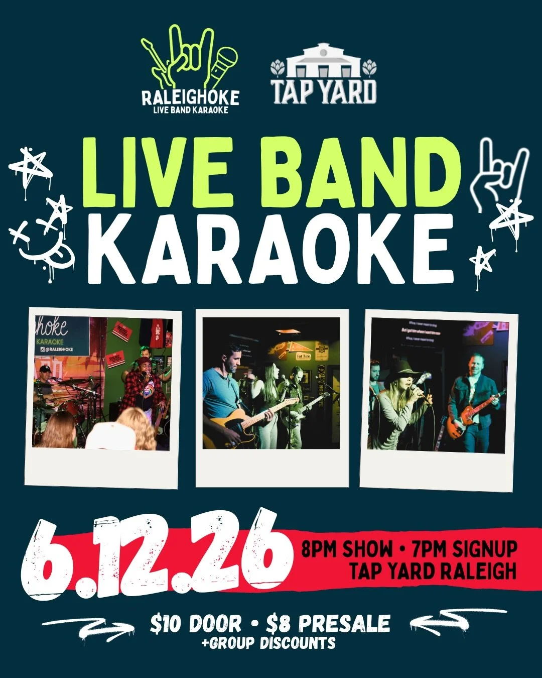 Get ready to rock!! 🤘 

Raleighoke&rsquo;s live band karaoke show is back at @tapyardraleigh June 12 for a Friday show you won&rsquo;t want to miss 🙌 

Choose from an expansive song list spanning everything from AC/DC to Ella Langley and sing with 