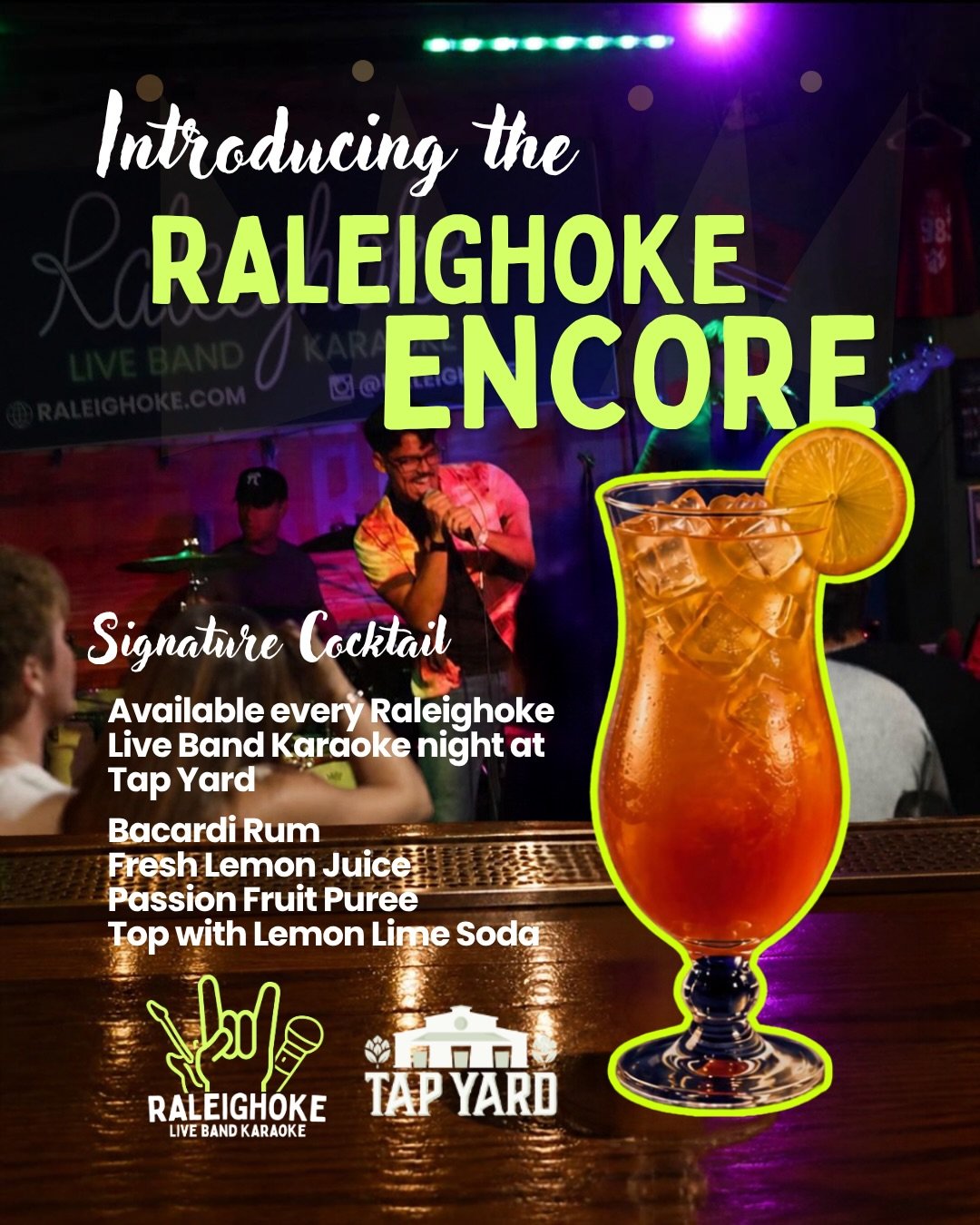 Finally, a drink fitting of all you rockstars 🍹 

Introducing the Raleighoke Encore, a signature cocktail celebrating all those who bring the ENERGY to the live band karaoke shows at Tap Yard 🙌 

Like your performances, it&rsquo;s full of flavor an