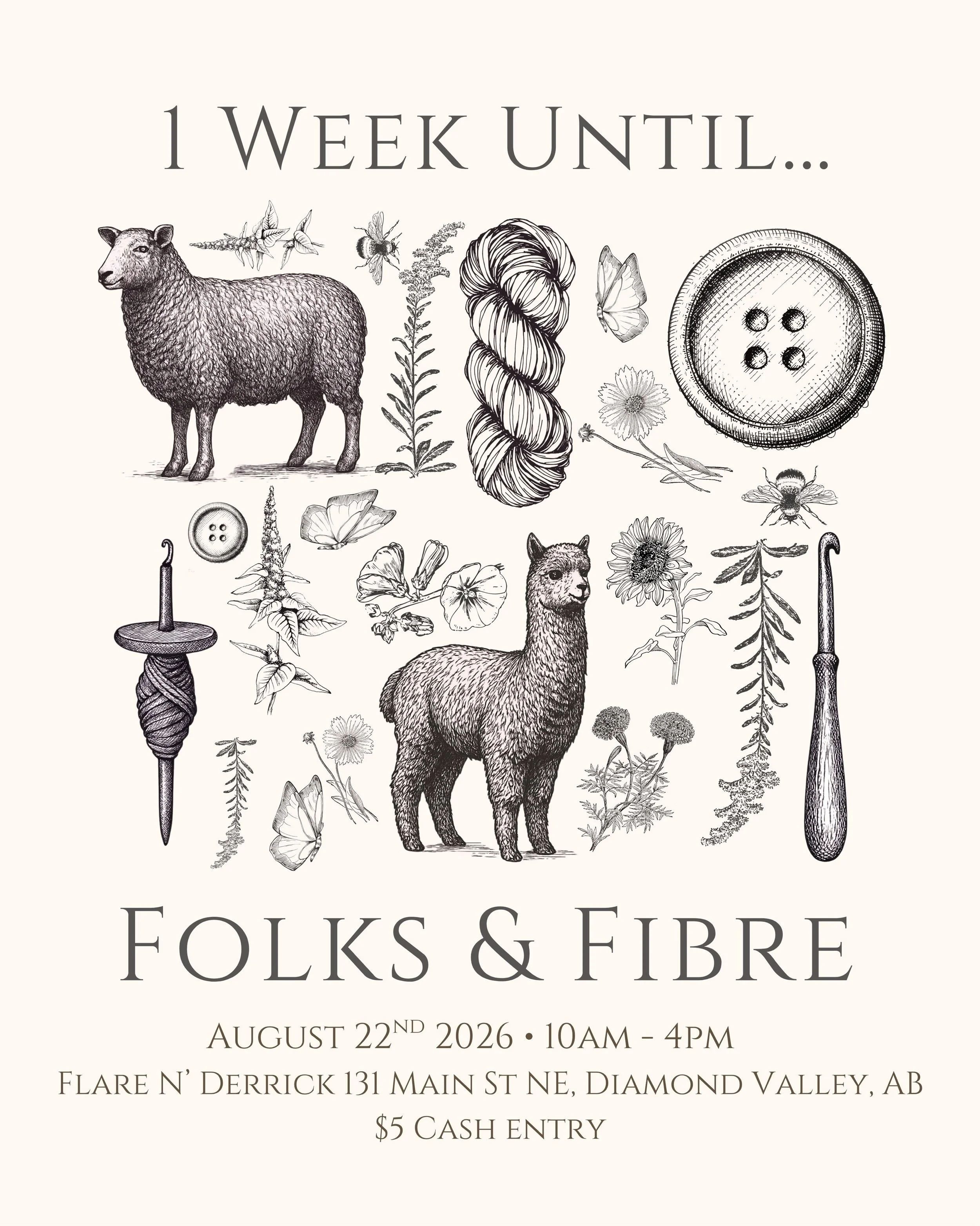 Only 1 week away from the 1st ever Folks &amp; Fibre Market! We have amazing vendors lined up for the market and a good blend of hand dyed yarn, fibre, project bags, stitch markers, and other fibre art accessories! 

Come on down to the beautiful Dia