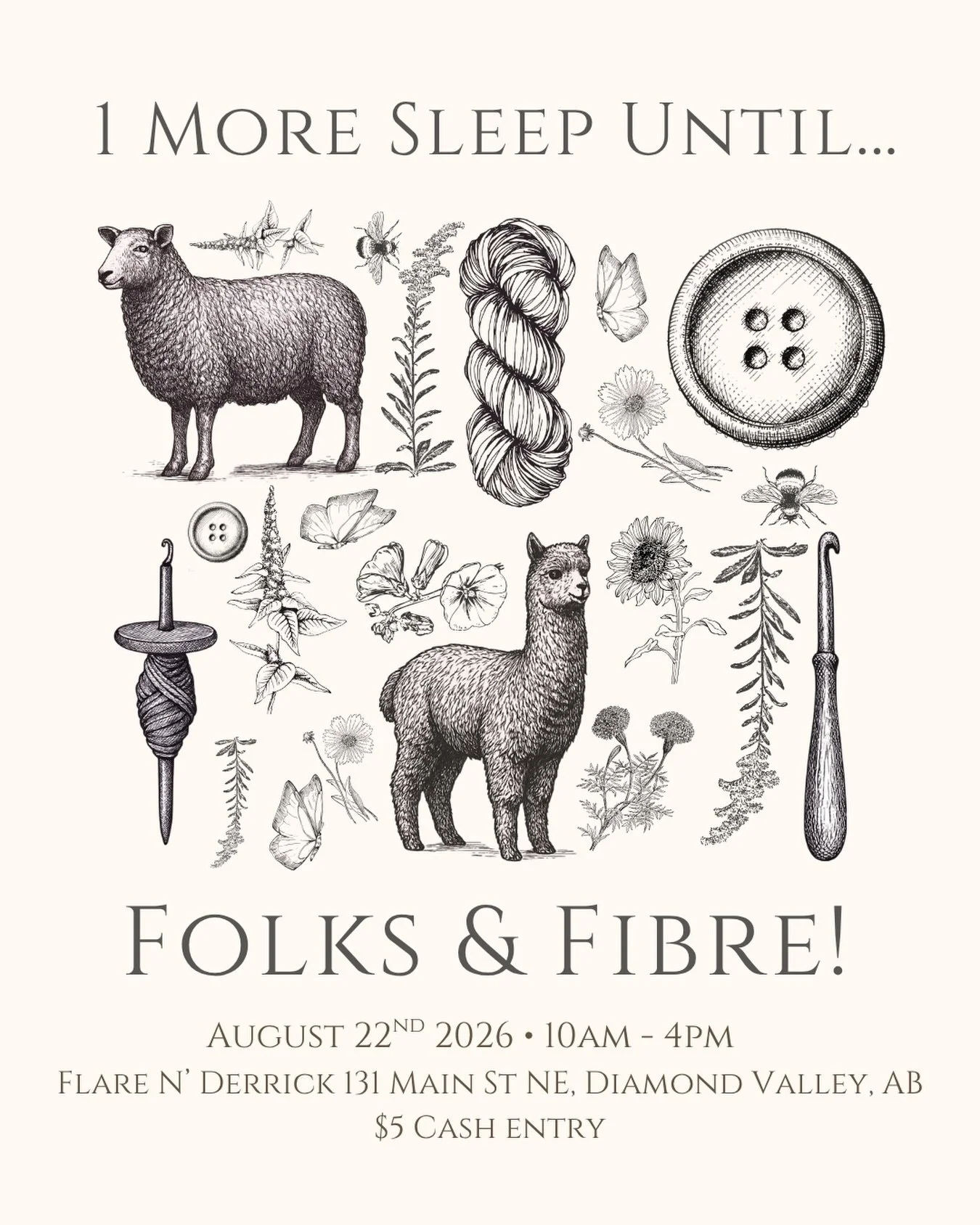We will see you all tomorrow for the Folks &amp; Fibre Market! 🐏🧶🤍

🗓️ Saturday, August 22nd
⏰10am - 4pm
📍Flare N&rsquo; Derrick Community Hall 
131 Main St N, Diamond Valley AB T0L 2A0
🎟️$5.00 Cash Entry 

#fibremarket #blackdiamond #diamondva