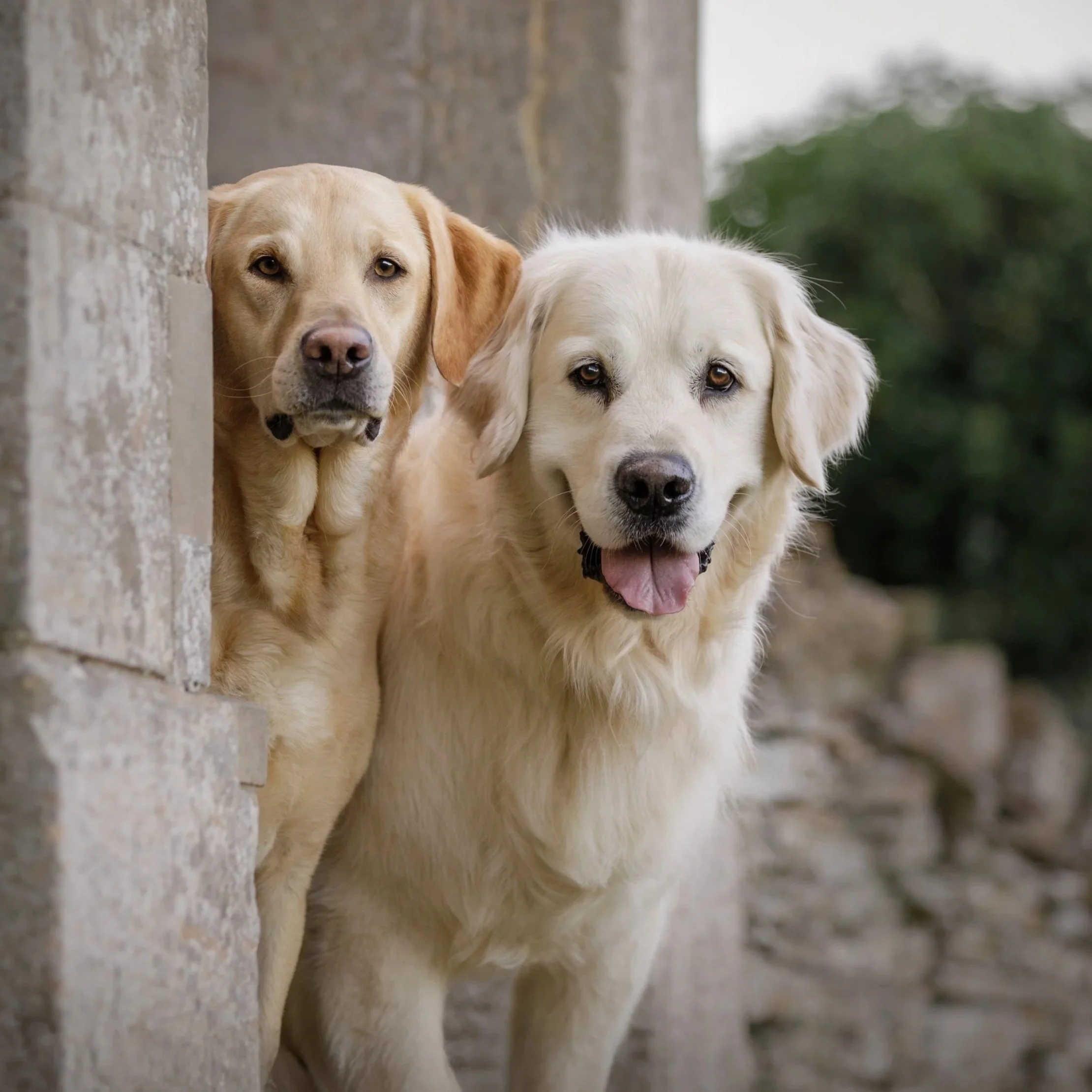 A golden retriever and Labrador dogs, one peeking out from behind a stone wall and the other standing beside it, outdoors with greenery in the background.