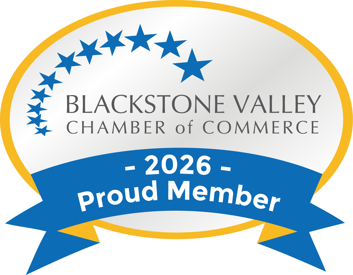 Blue and yellow badge for Blackstone Valley Chamber of Commerce, 2026 Proud Member, featuring blue stars on a white background.