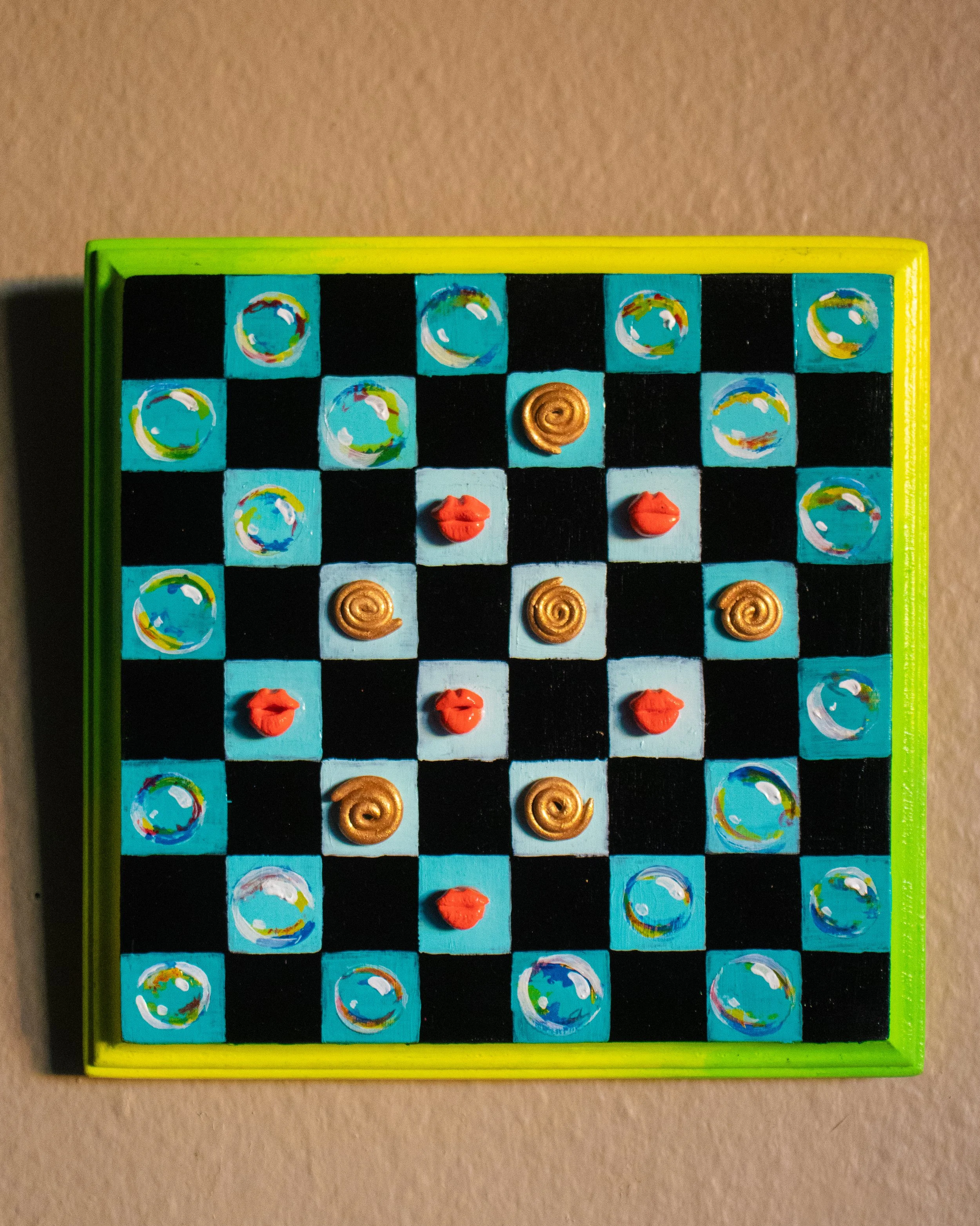 "Lippy"
Acrylic and polymer clay on wood