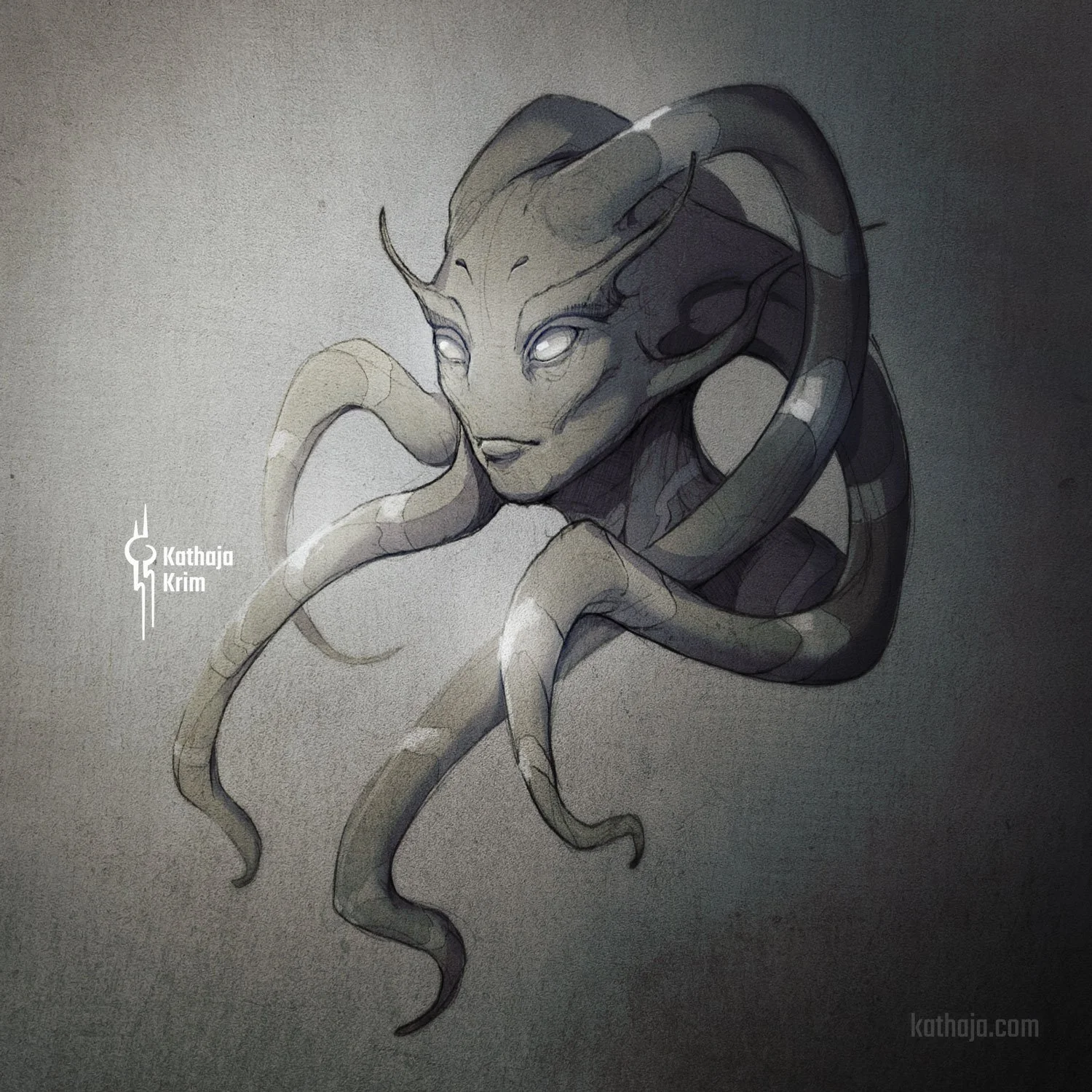 Digital art of an aquatic alien (species: Karyta). The art shows the head of the alien including four long head tendrils which are akin to thick hair. They have four shorter head tendrils too, sprouting from their brows and cheeks. The eyes are white