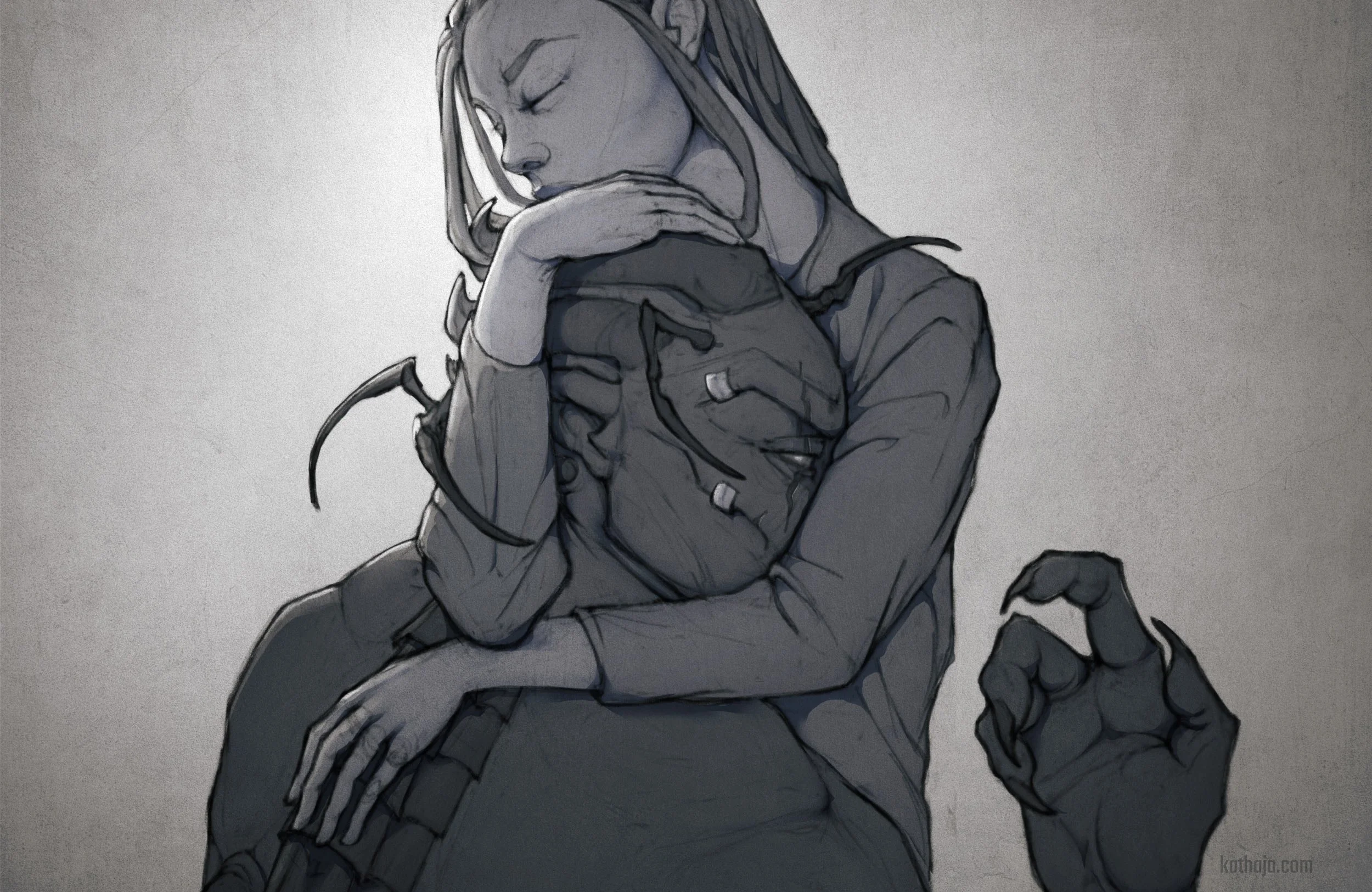 Digital art of Lara, a human woman, hugging Zhaikes, an alien man. Lara stands over Zhaikes and has her arms around his neck, while pressing his head to her chest. Zhaikes seems to be indecisive, his hand hovering next to Lara.