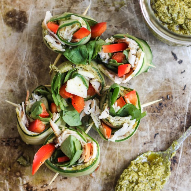 Low Carb Pesto Turkey Cucumber Roll Ups