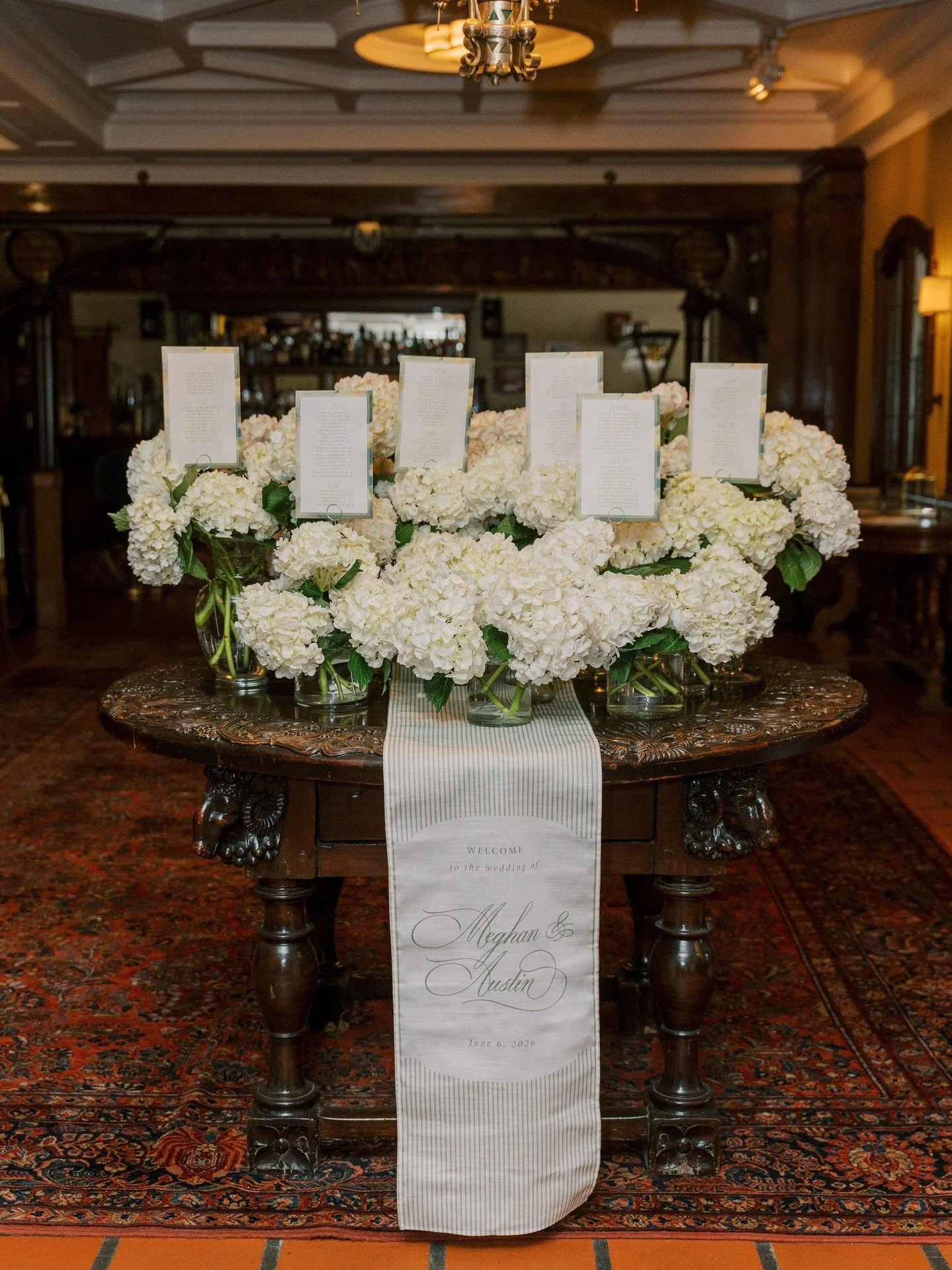 The guest experience started the moment they walked through the door. A fabric welcome sign, paired with seating cards nestled in hydrangeas, created a beautiful first look at the celebration ahead.⁠
⁠
Planning | @stylearchitectsweddings⁠
Reception V