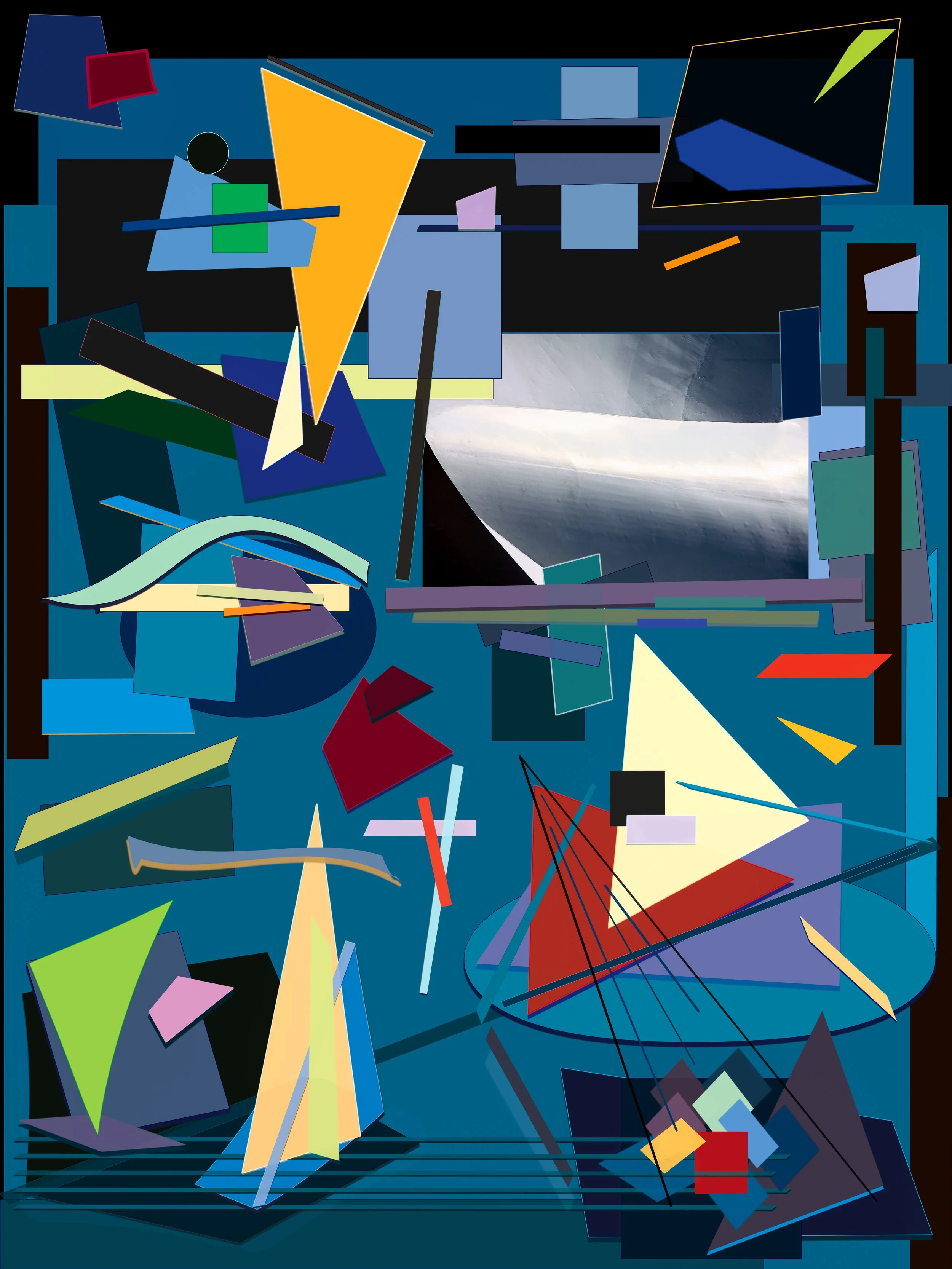 "Recomposition No. 20" is a captivating digital abstract artwork that masterfully blends geometric shapes and vibrant colors. Inspired by Cubism and Futurism, this piece features the Freedom Platform and a photograph of the Oculus, symbolizing innova