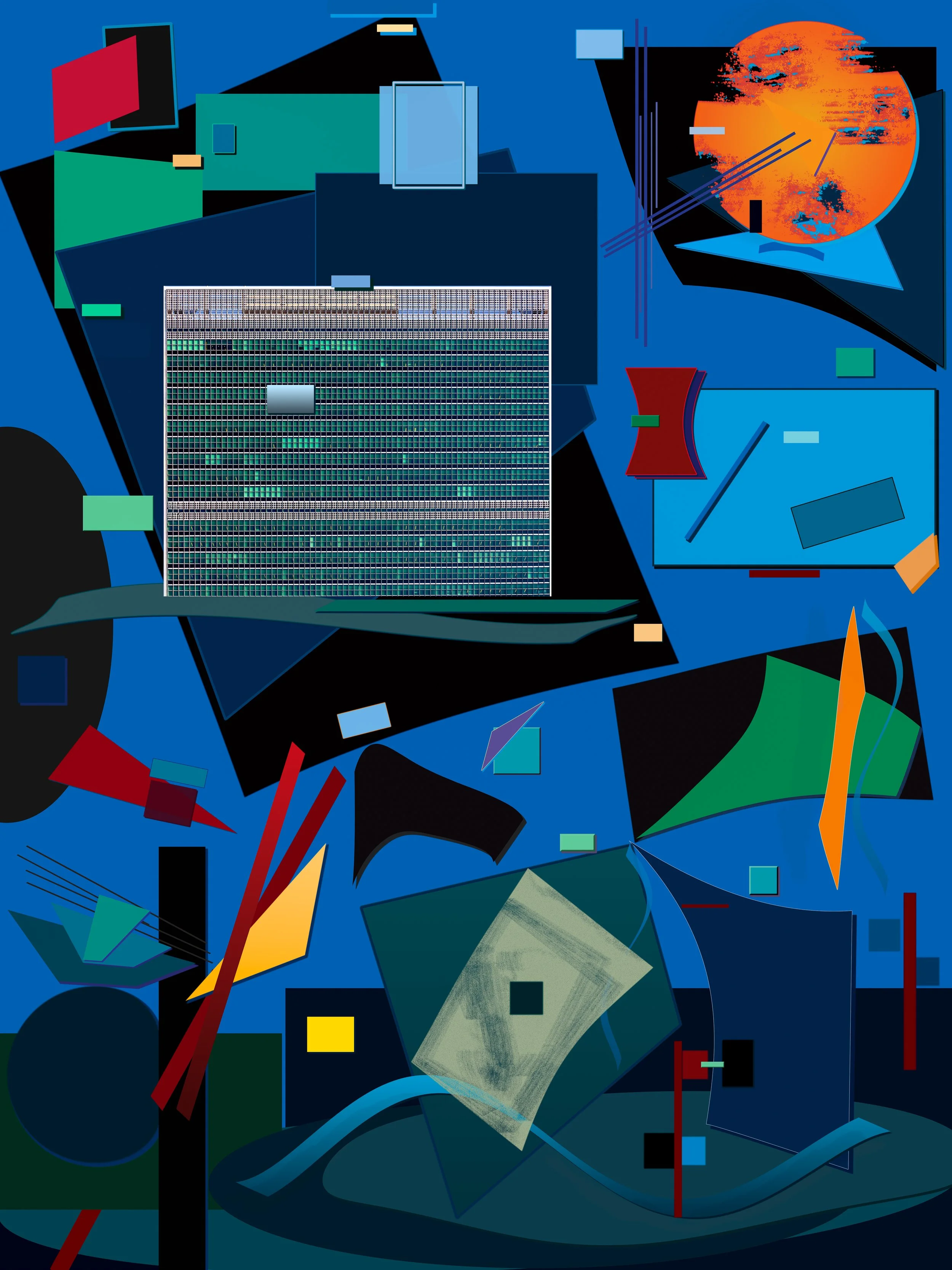 "Untitled" is a digital artwork that captures the vibrant pulse of urban life through architectural geometry. Blending a photograph of the United Nations building with digital artistry, the piece explores the convergence of structure and environment.
