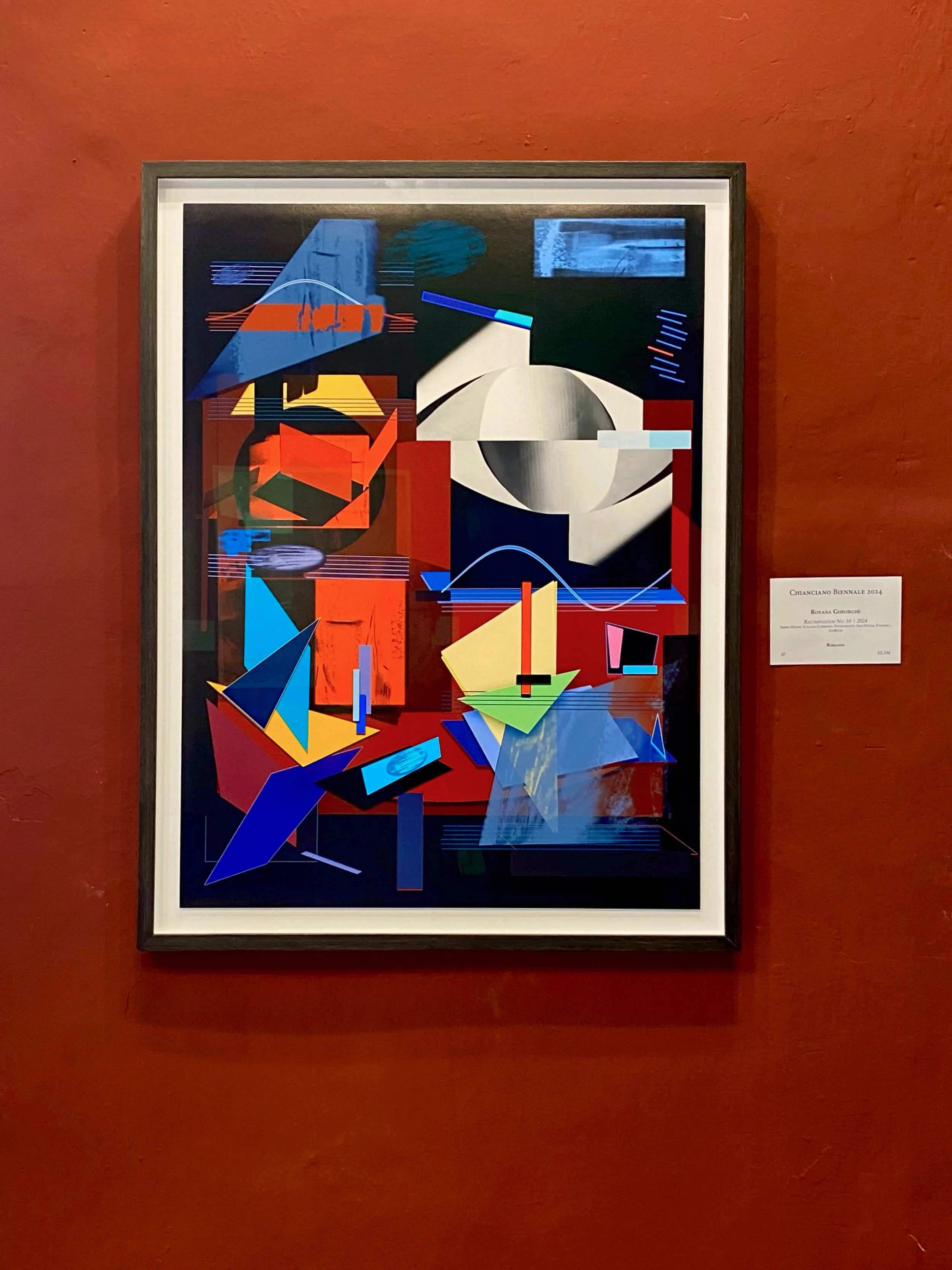 Artwork by Roxana Gheorghe exhibited at the Chianciano Biennale 2024 in Italy. Geometric abstract composition developed from architectural photography and influenced by Bauhaus and Constructivist ideas.