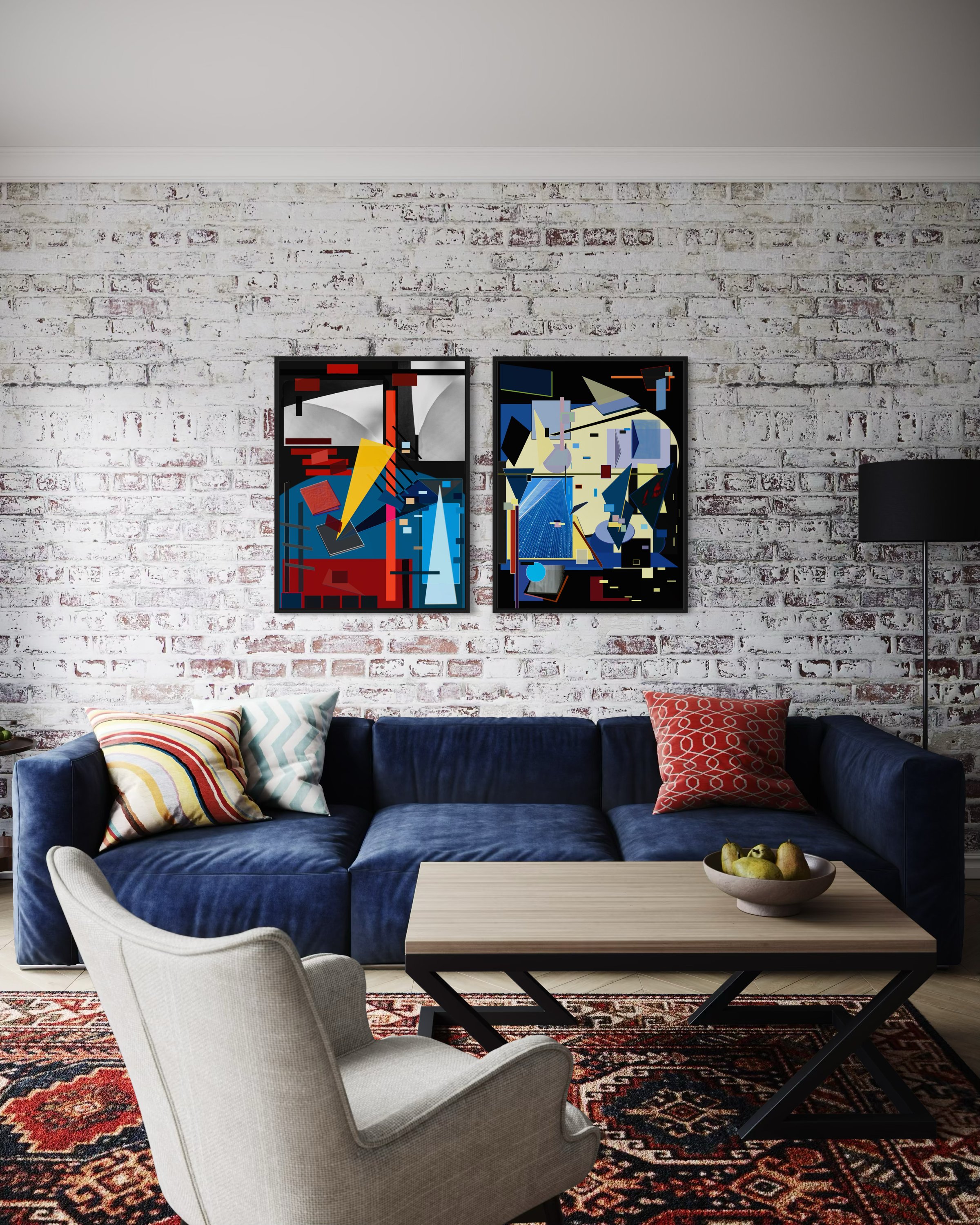Recomposition No. 11 and 24 are displayed on a wall in a modern setting.