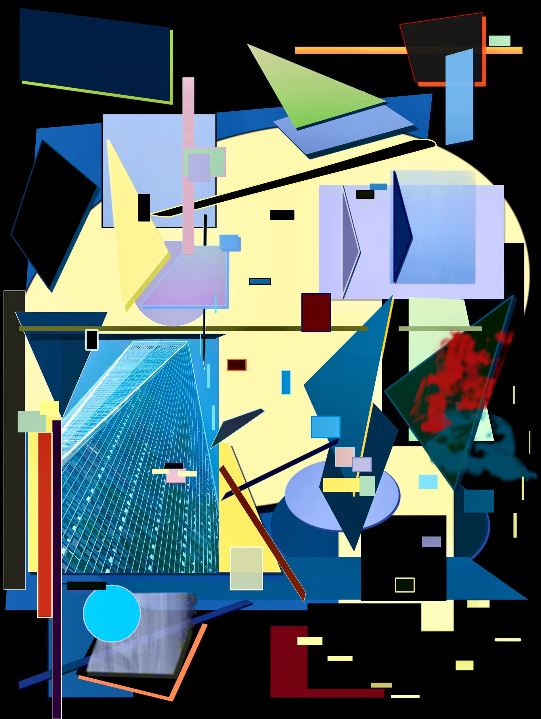 Abstract architectural artwork featuring geometric structures derived from New York City architecture. Color, shape, and layered forms interact in a Bauhaus-inspired composition exploring movement, order, and visual harmony.