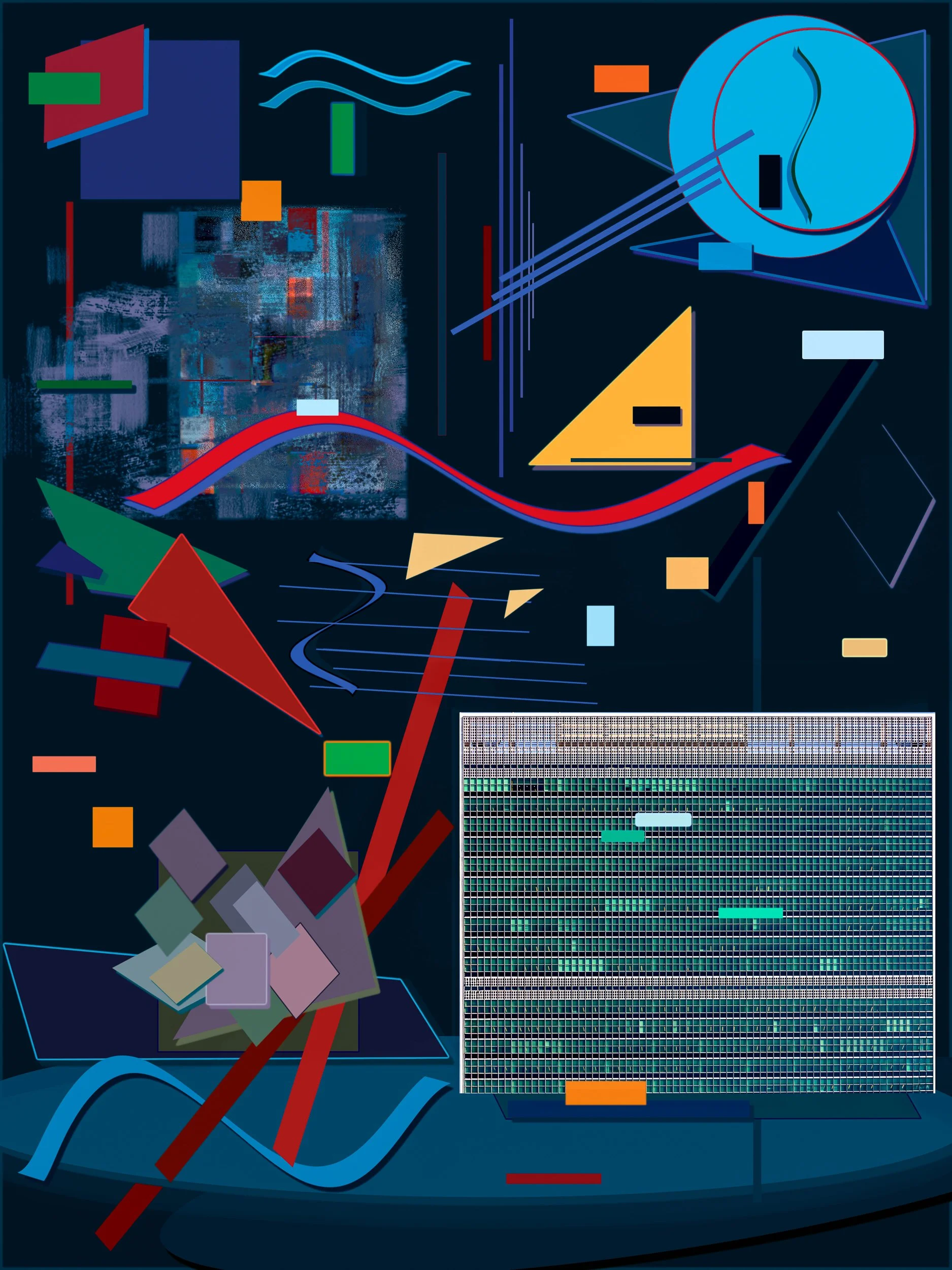 Abstract architectural artwork inspired by the United Nations Headquarters in New York City. Geometric forms, reflective surfaces, and layered color reinterpret the modernist landmark through Bauhaus-inspired abstraction.