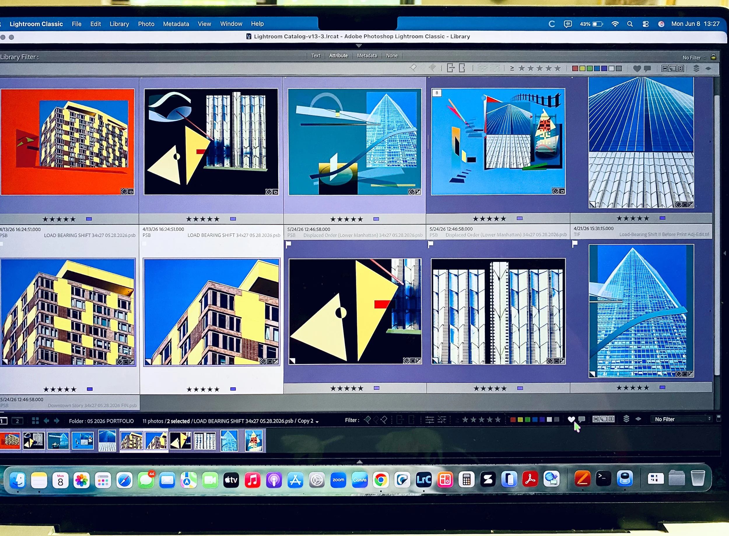 Digital workspace showing Roxana Gheorghe’s architectural photography and geometric abstraction projects in development. Contemporary photographic artworks exploring architecture, memory, migration, and identity.