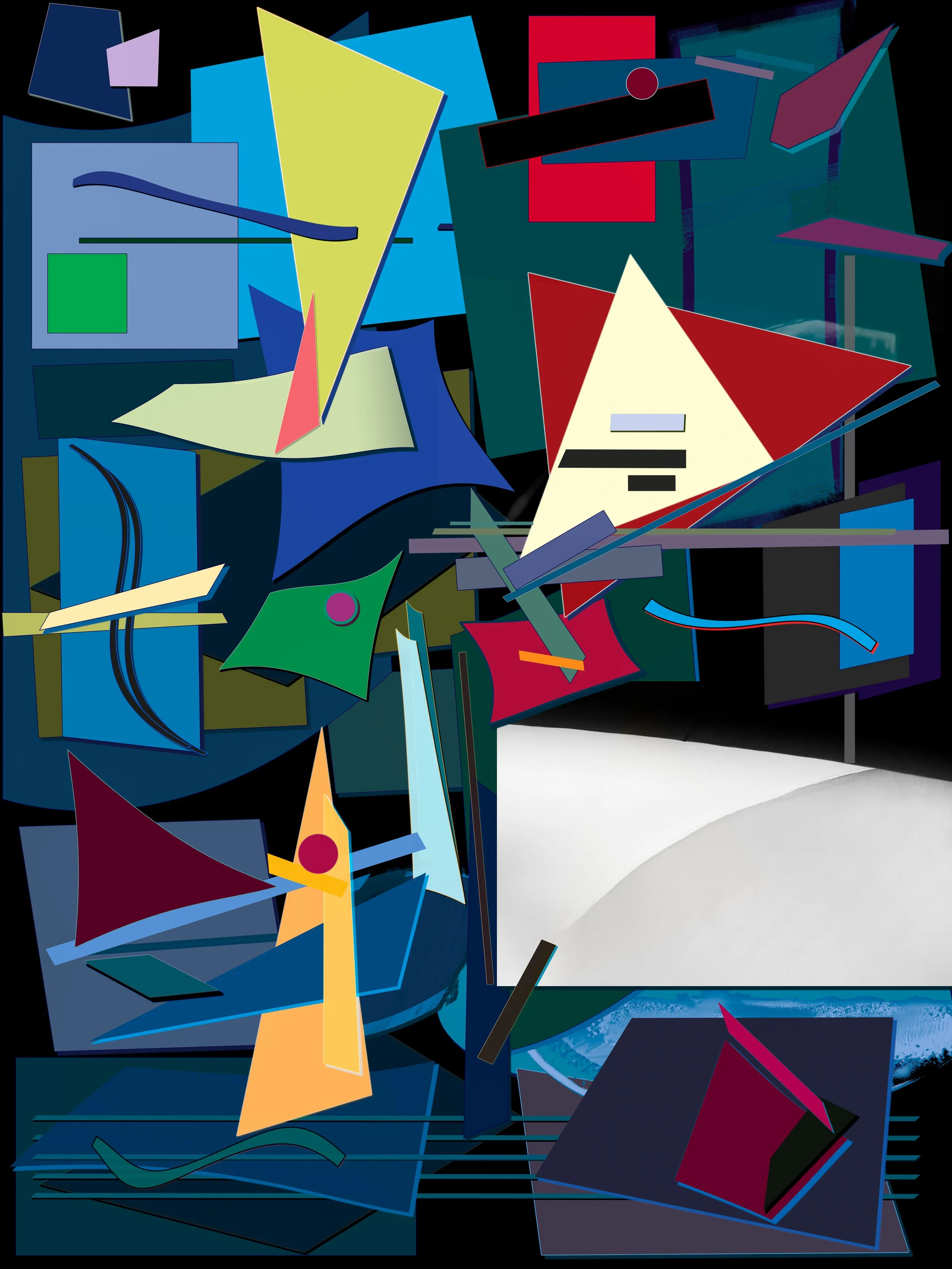 "Recomposition No. 21" is an engaging abstract artwork featuring vibrant geometric shapes and bold colors.  Its dynamic triangles, rectangles, and swirling lines create a sense of movement and energy, making it perfect for modern art lovers. This pie