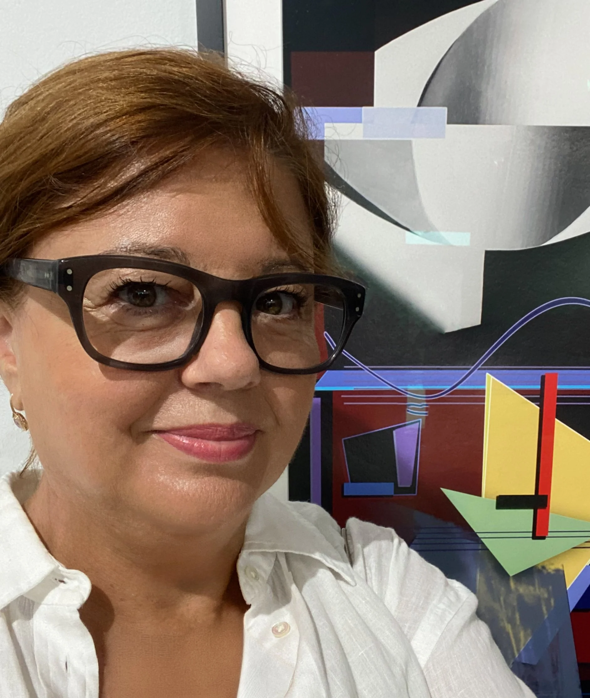 Roxana Gheorghe, New York–based visual artist, photographed during the 2025 Members’ Exhibition at MoCA Long Island. Artist working in photography, geometric abstraction, and architectural imagery.