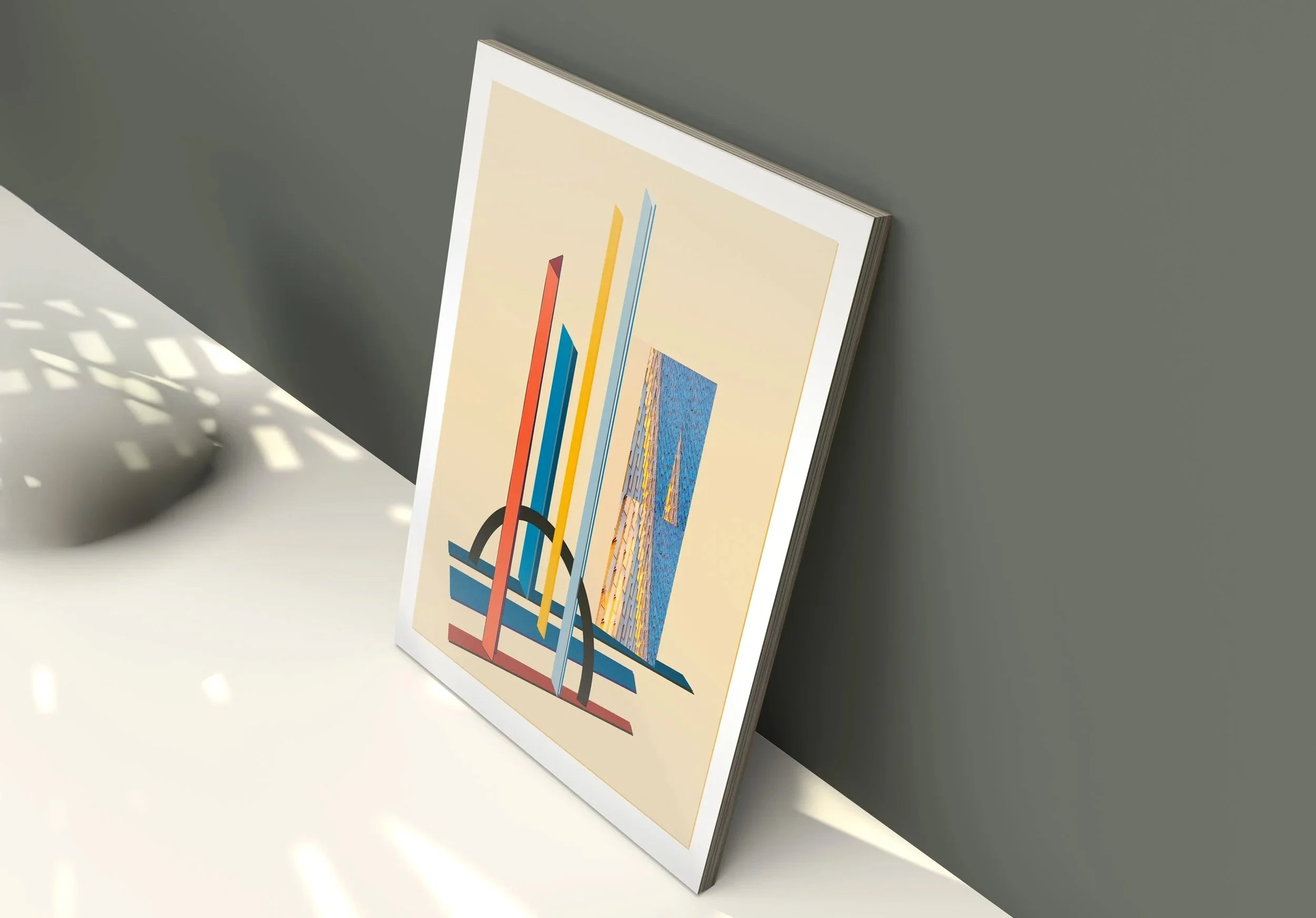 Proof print of an architectural artwork by Roxana Gheorghe displayed in a studio setting before final production. Contemporary photographic print exploring geometry, structure, and abstraction.