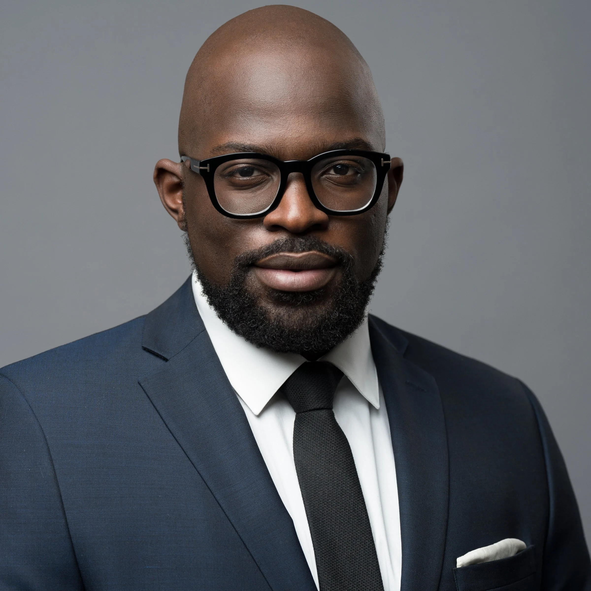 Man wearing glasses and a suit, with a short beard, against a gray background.