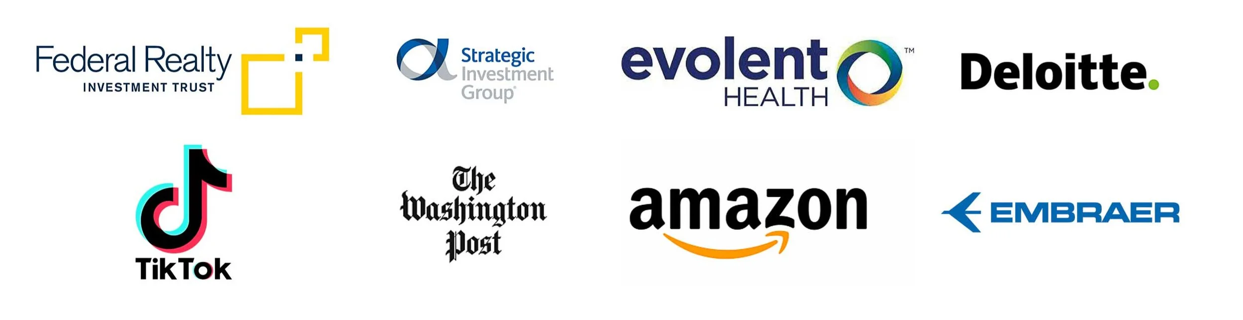 Logos of various companies including Federal Realty, Strategic Investment Group, evolent Health, Deloitte, TikTok, The Washington Post, Amazon, and EmBRAER.
