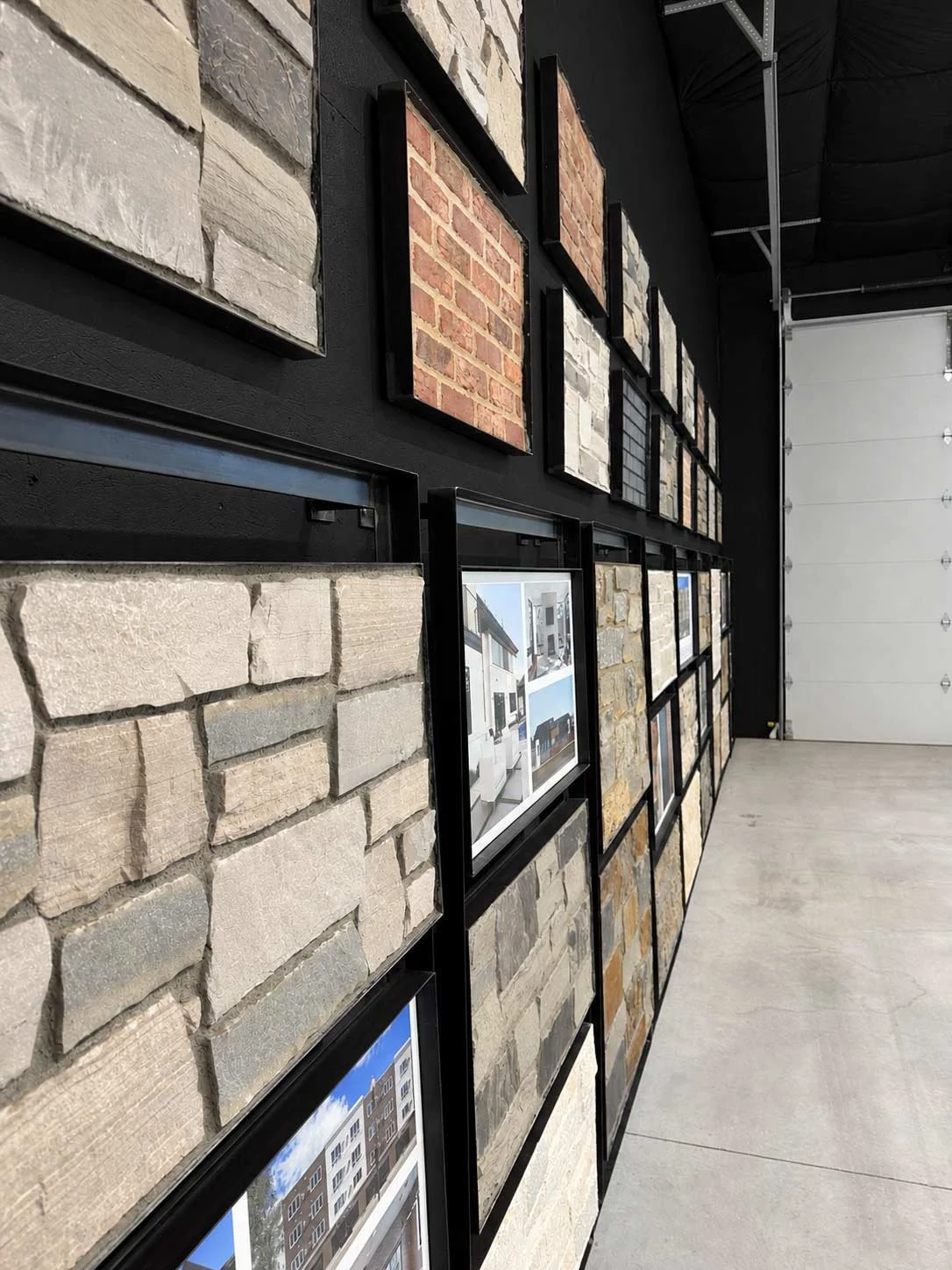 Wall display of materials inside the Dakota Walls Systems showroom in Rapid City, South Dakota.
