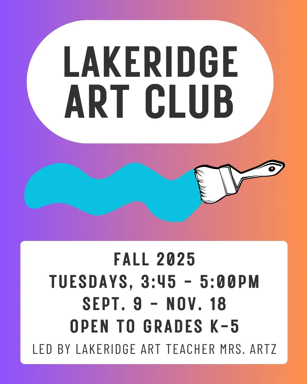 Registration is open for Lakeridge Art Club! Join us for 10 weeks of fun after-school art exploration this fall &mdash; register with 6crickets through the link in bio.
