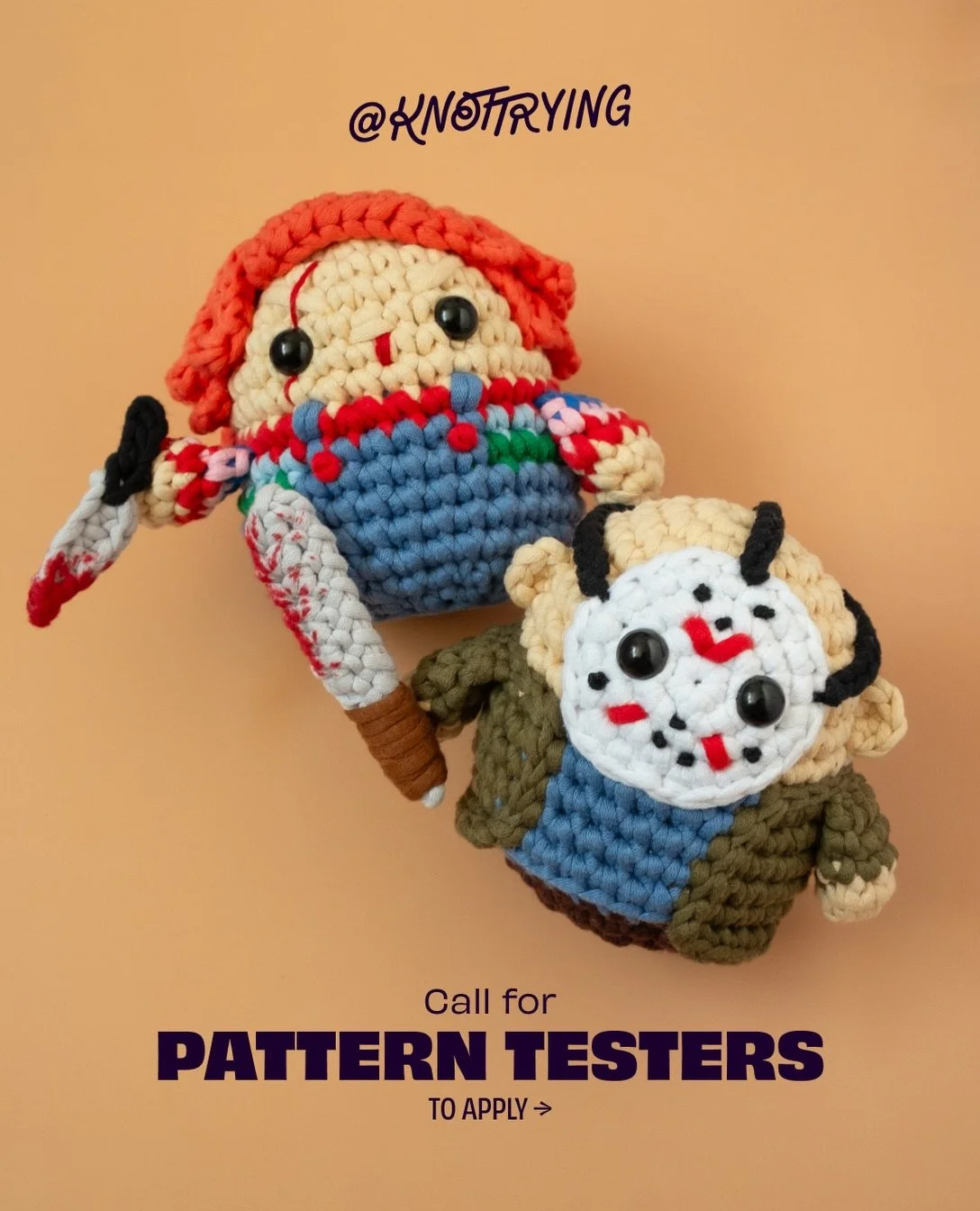Pattern Testers Wanted! 
Jason the Camp Slasher 🪓 &amp; Chucky the Killer Doll 🔪

Two new faces are joining Fright Night Features and I need testers for both. Jason doesn&rsquo;t rush &mdash; he doesn&rsquo;t have to. Chucky&rsquo;s got a grin buil