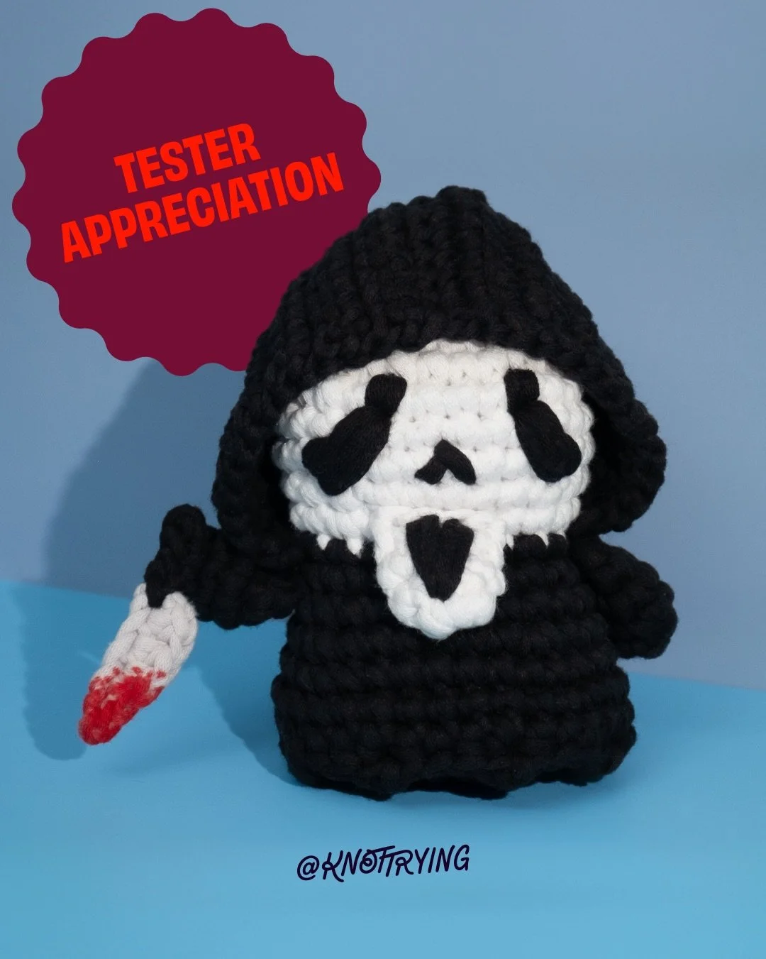 Ghostface the Caller is here, and I owe a huge thank you to the crew who tested him first: @jburgfelts, @lovetekniq, @julzluvzu, @TheatreCJ, @CrochetbyLoryn, and @keriegelman. 🔪☎️

Ghostface isn&rsquo;t in a rush. He&rsquo;d rather draw out the phon