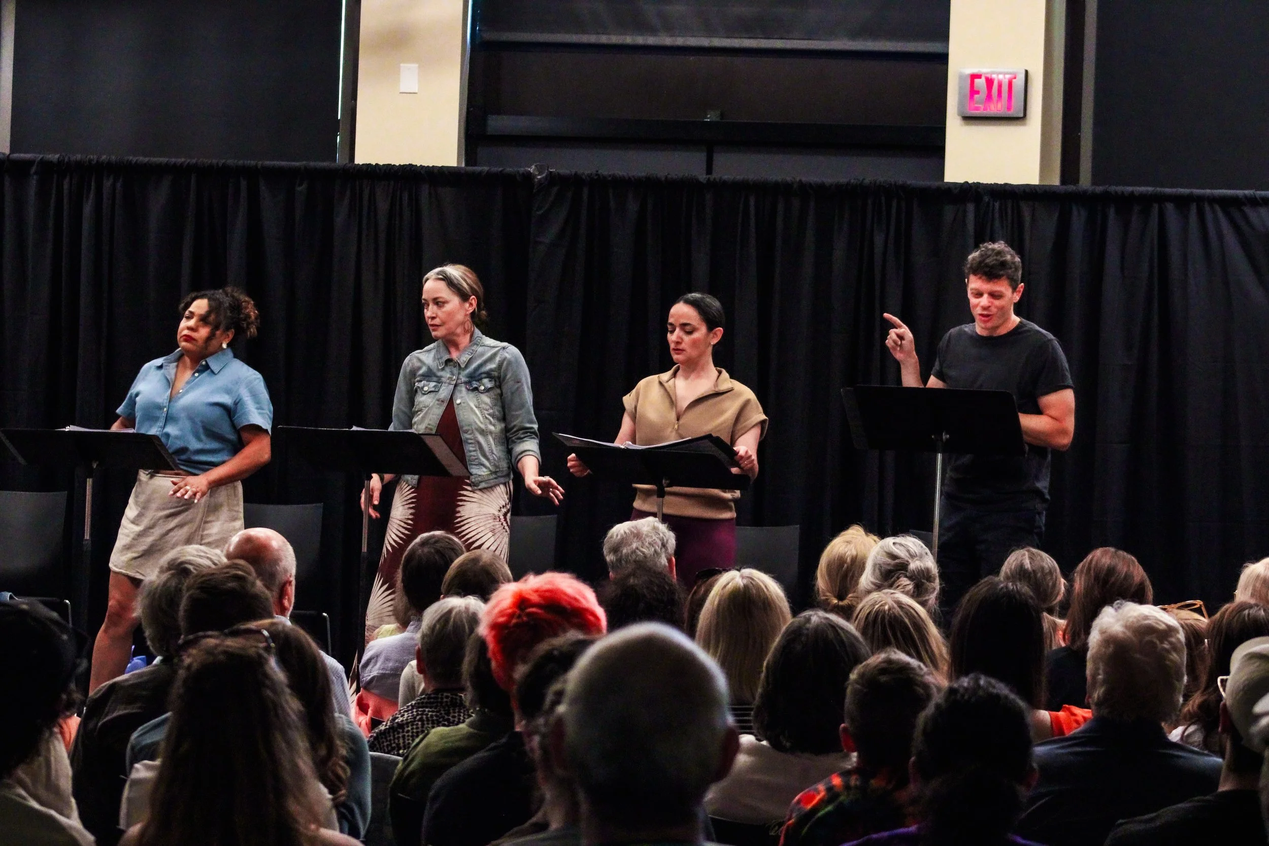 Steppenwolf's Staged Reading of "Adirondack Chair Circle" by Stephanie Alison Walker at the Bud Werner Memorial Library. (L-R) Wendy Mateo, Rebecca Spence, Cruz Gonzalez-Cadel, and David Darrow. 

Photo Credit: Grace Lacek