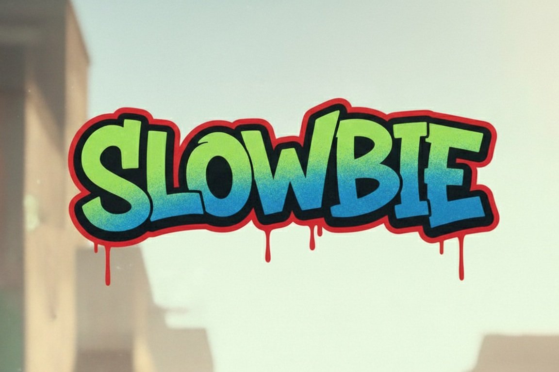 Colorful graffiti-style sticker with the word "SLOWBIE" in green and blue with black outlines and red drips.