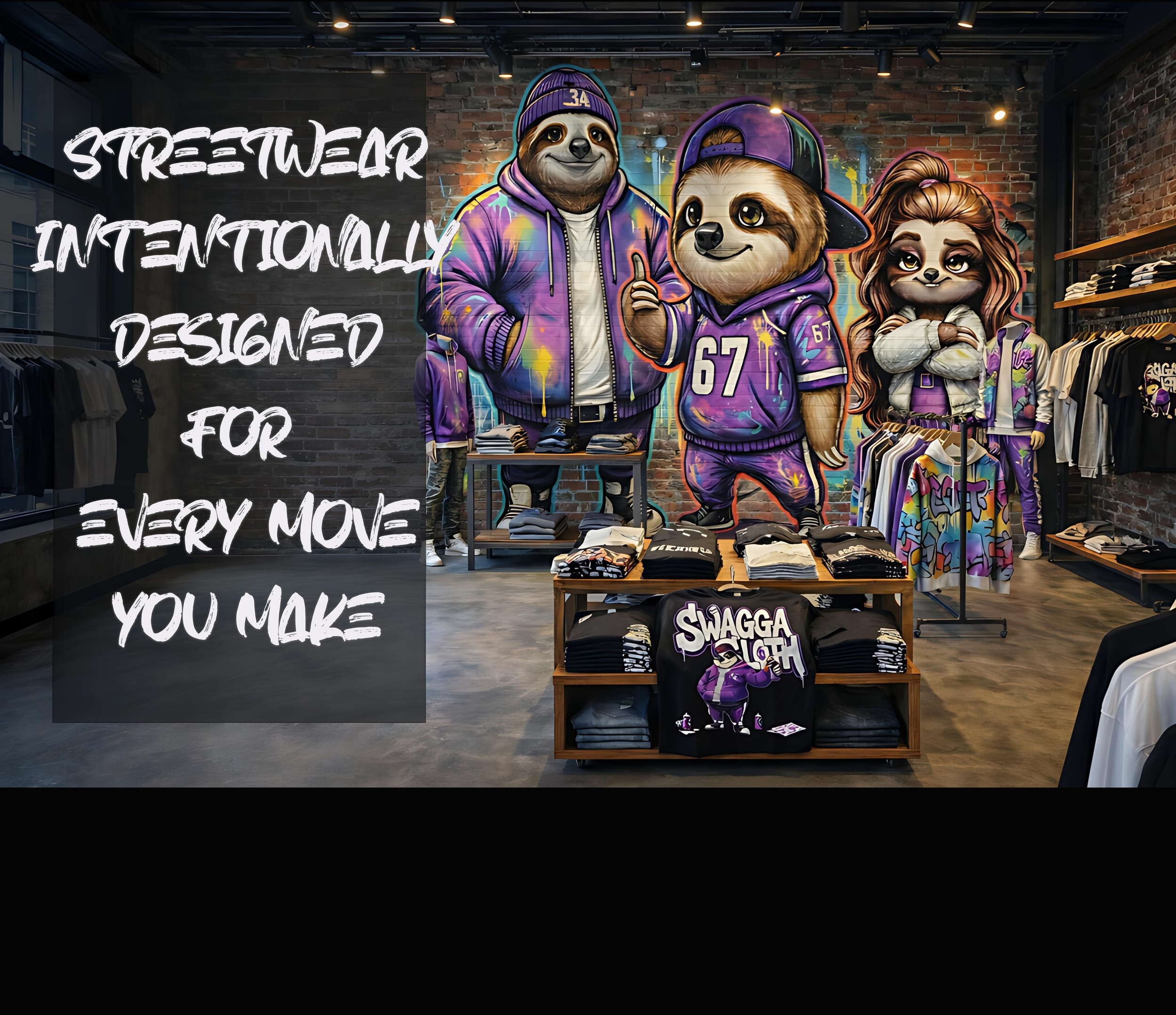 Interior of a streetwear clothing store with large graffiti-style murals of three different sloths dressed in purple streetwear, with the text 'Streetwear intentionally designed for every move you make' written on the left in white cursive font.