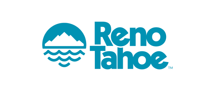 Logo of Reno Tahoe featuring a stylized mountain, water waves, and text.