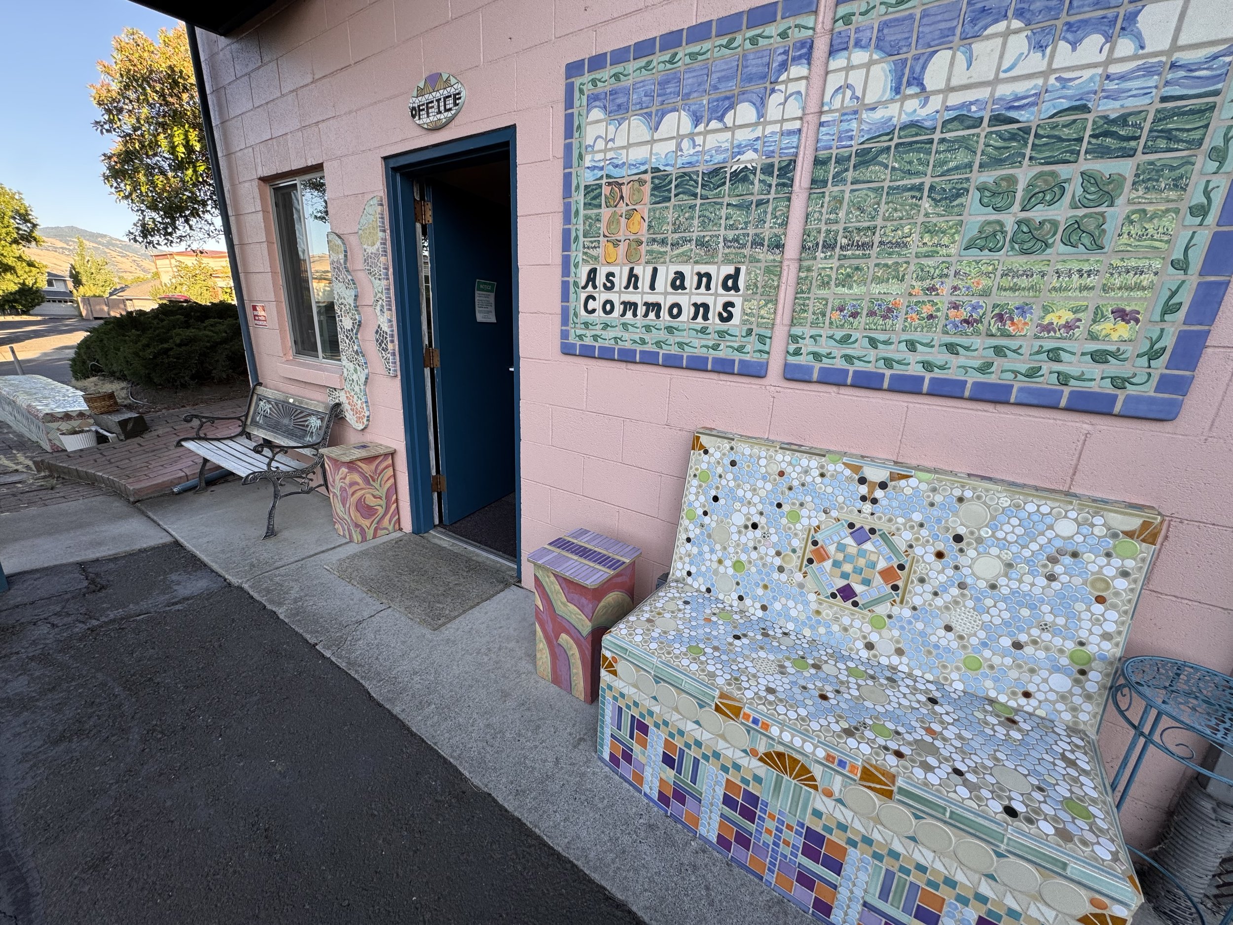 Ashland Commons Hostel Office and Painted Tile Mosaic Sign