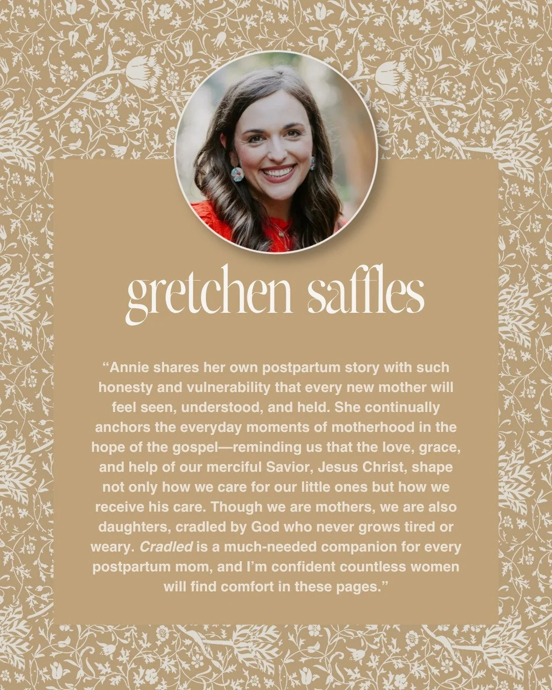 As a ministry founder and prolific author of books and Bible studies (and now someone I get to partner closely with in writing and editing work for @wellwateredwomen), @gretchensaffles's generous endorsement of "Cradled" means so much. She 