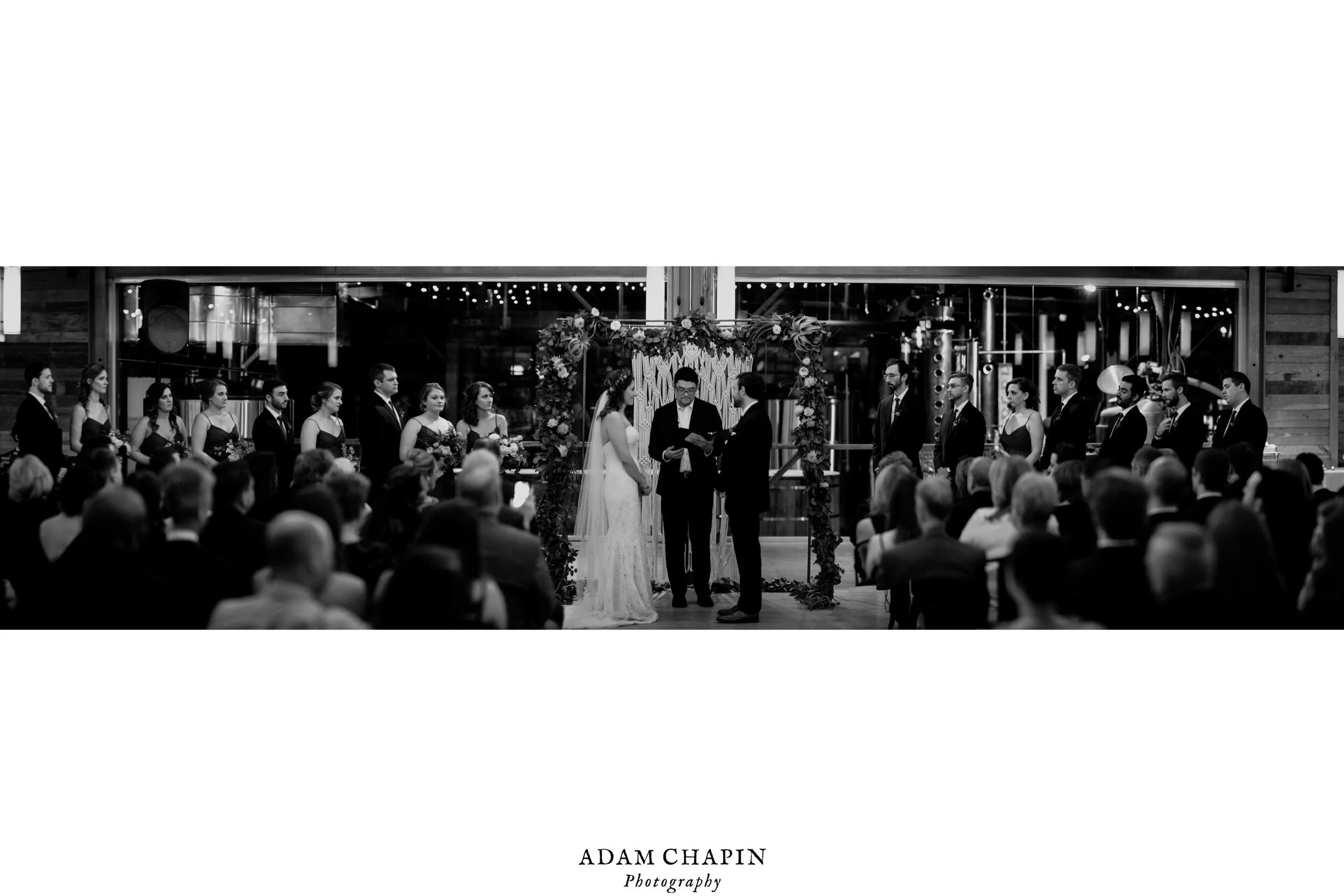 a wide photo of the entire wedding party and bride and groom during the ceremony
