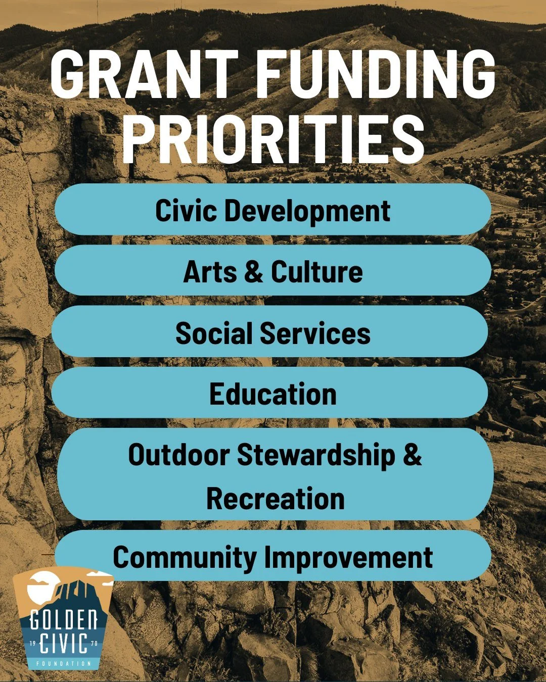 We believe supporting the economic and cultural vitality of Golden requires taking a broad perspective 💡

Organizations seeking funding through the Grant Program may be working on one or more of six components of a vibrant community: 
Civic Developm