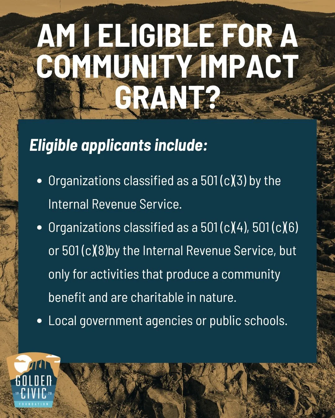 For 55 years, GCF has been investing in the local organizations that keep Golden unique and vibrant.

Our Community Impact Grant Program is open to 501(c)(3) nonprofits, local government agencies, public schools, and fiscal-sponsored projects operati