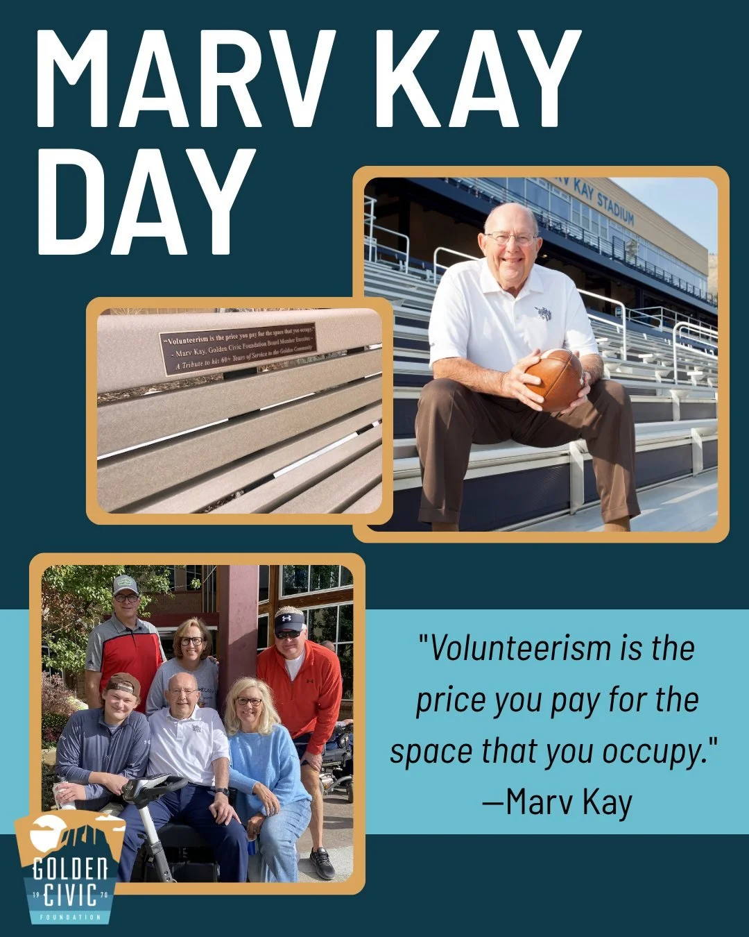 Marv Kay was a pillar of the Golden community&mdash;a decorated athlete, coach, professor, former mayor, and tireless civic advocate. Marv joined the GCF Board of Directors in the 1980's, and his influence is woven throughout our history. 

Marv was 