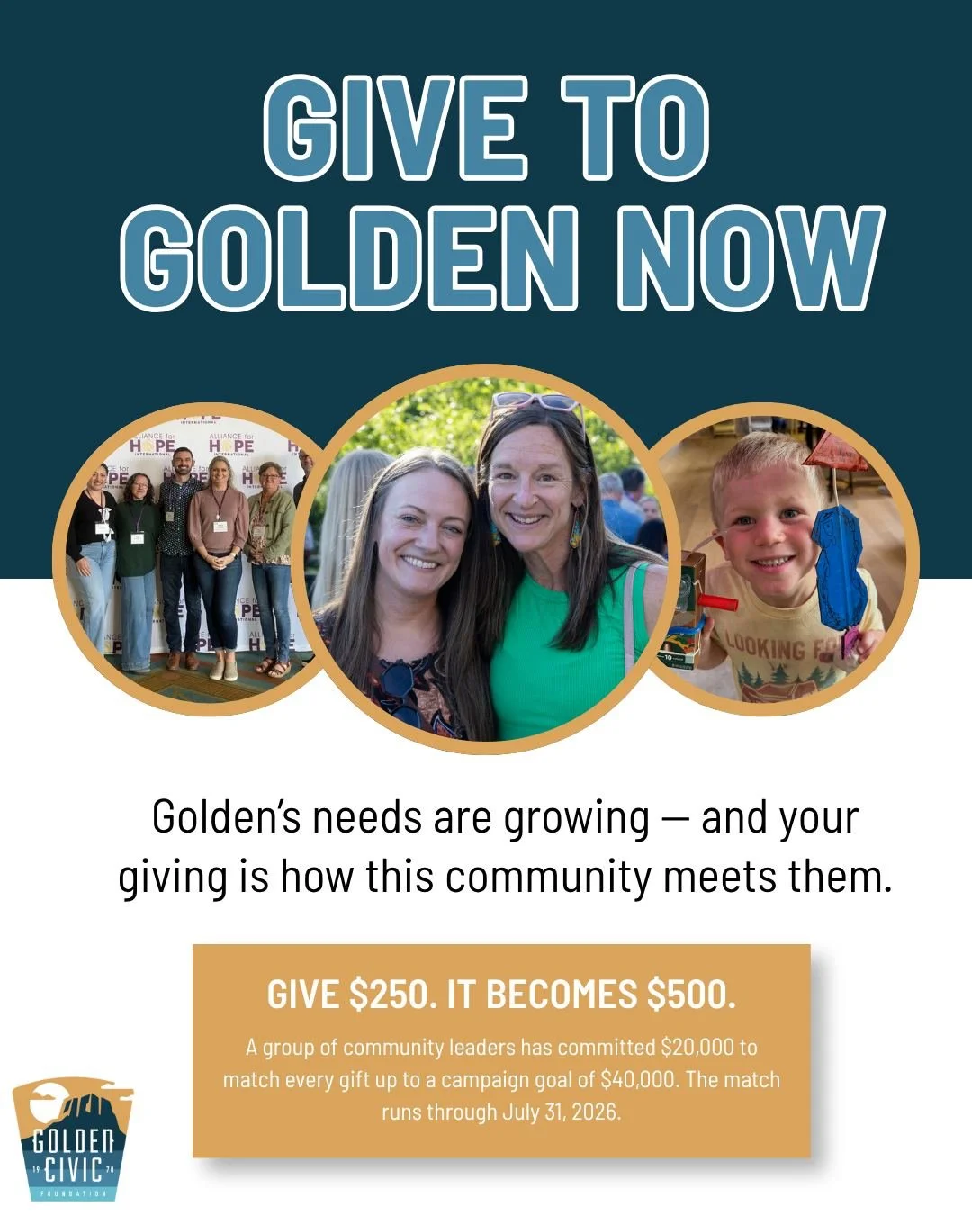 With Golden Now, our first summer giving campaign, you have one more way to support the full network of nonprofits working For the Good of Golden.

The need is real. Golden&rsquo;s nonprofits are already reporting a demand 40% higher than last year.
