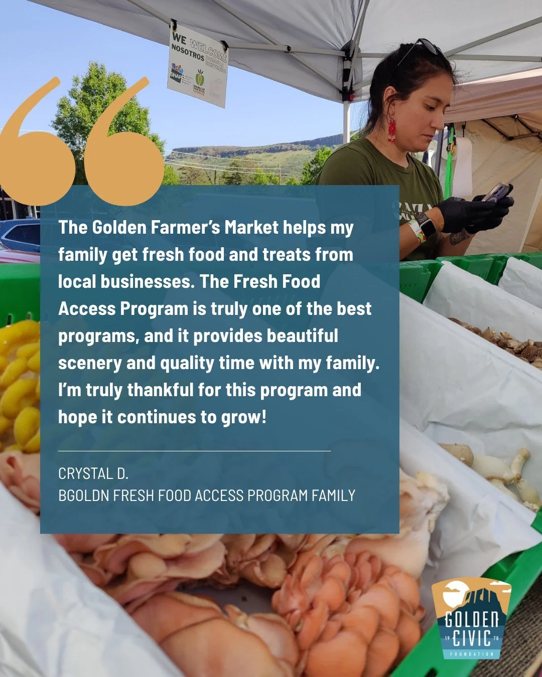 @bgoldn_co's Fresh Food Access Program offers food insecure families the opportunity to shop for fresh, local groceries at the @goldenfarmersmarket. The gap between stability and crisis can be narrow &mdash; BGOLDN is a vital nonprofit working to pro