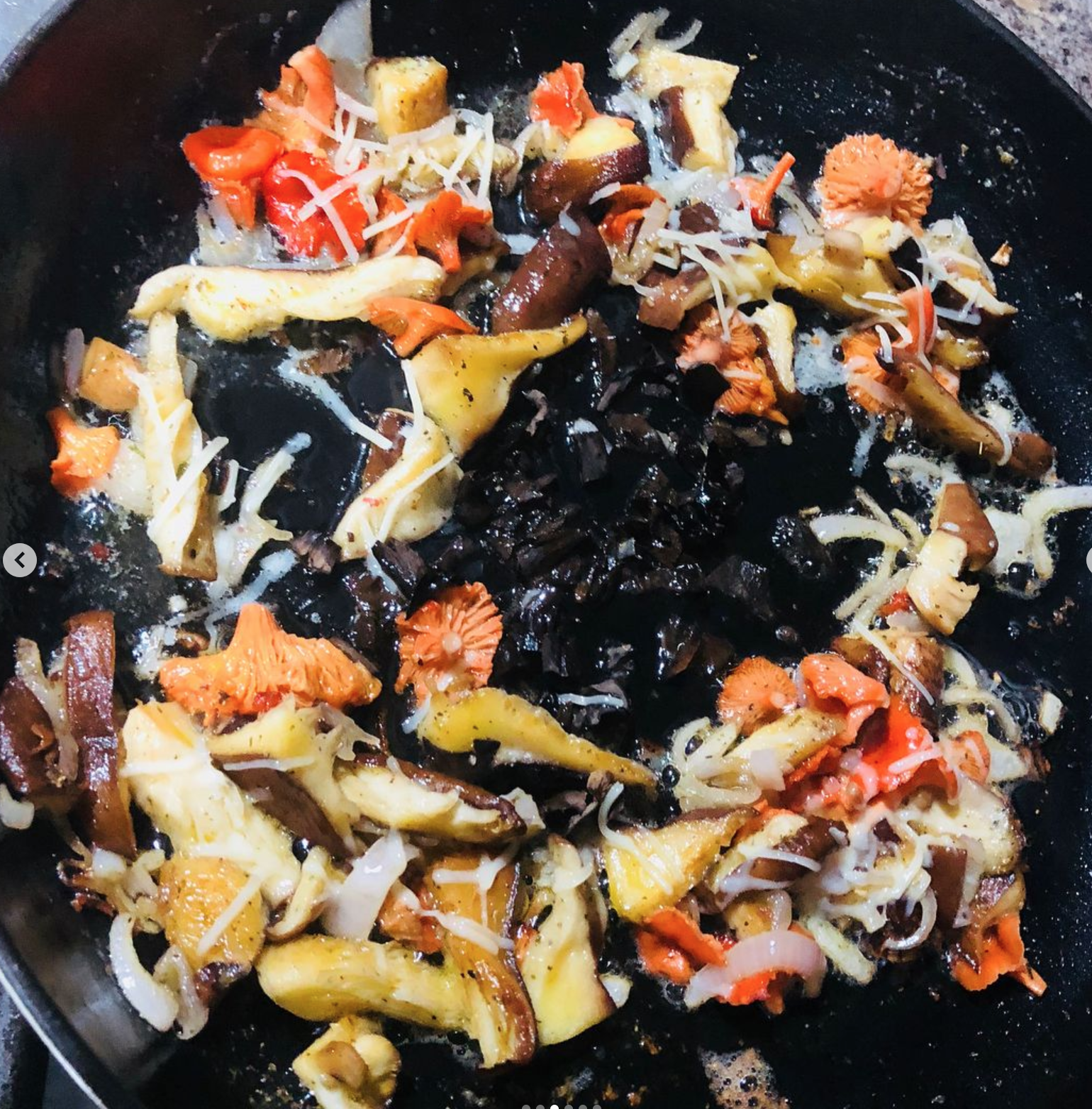 A close-up of a black skillet with mixed sautéed wild mushrooms, chopped onions, and shredded cheese, some mushrooms are orange, brown, cream, and black in color.