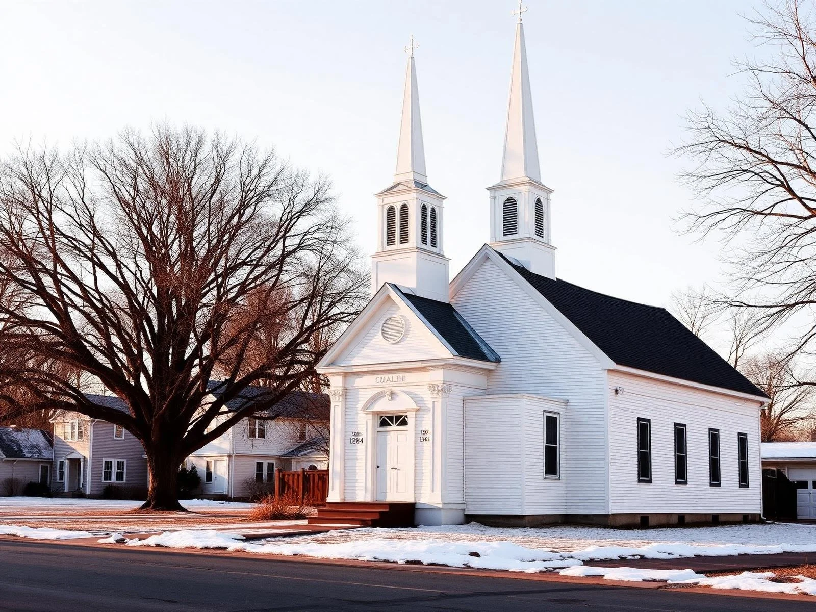 A white church with two steeples, standing next to a large leafless tree, with dark shingles on the roof, and snow on the ground.